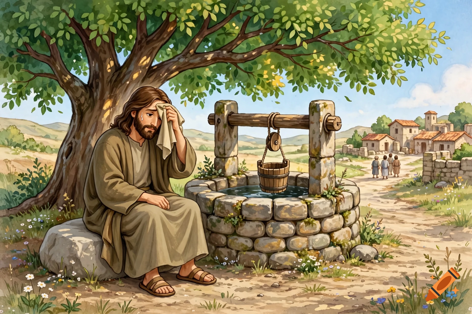 Children's book illustration of Jesus sitting exhaustedly by a stone well under a tree on a sunny day.