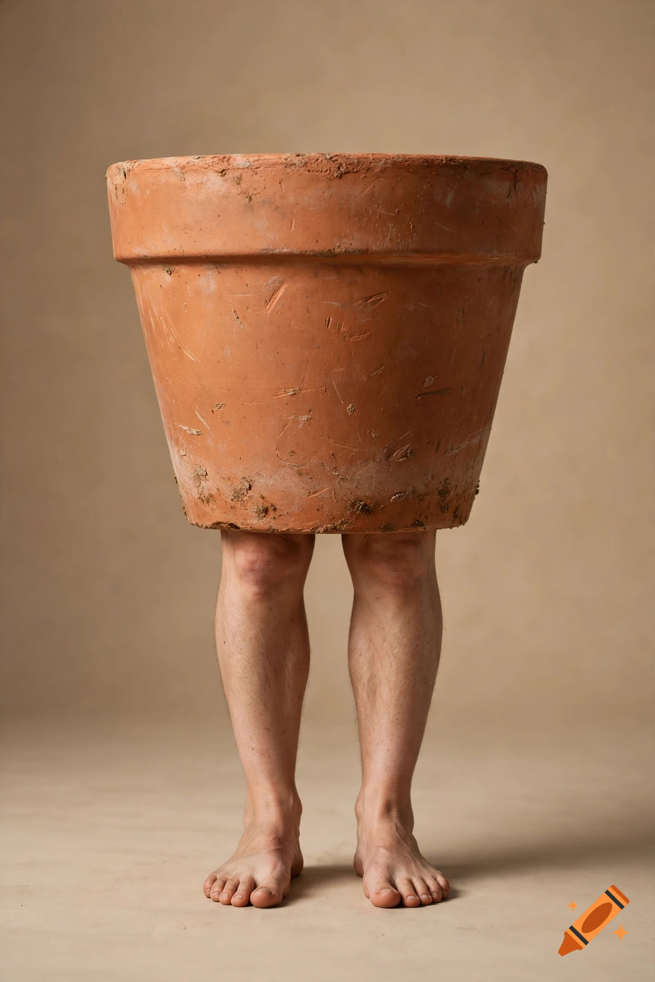 Photorealistic image of a terracotta flower pot with a pair of human legs standing on a tan background.