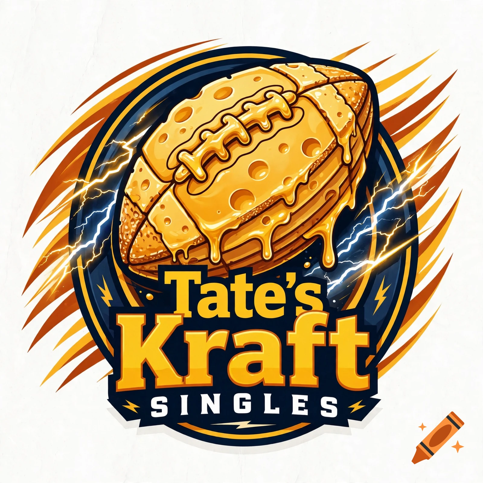 Fantasy football logo featuring a football made of melted cheese with the text Tate's Kraft Singles.