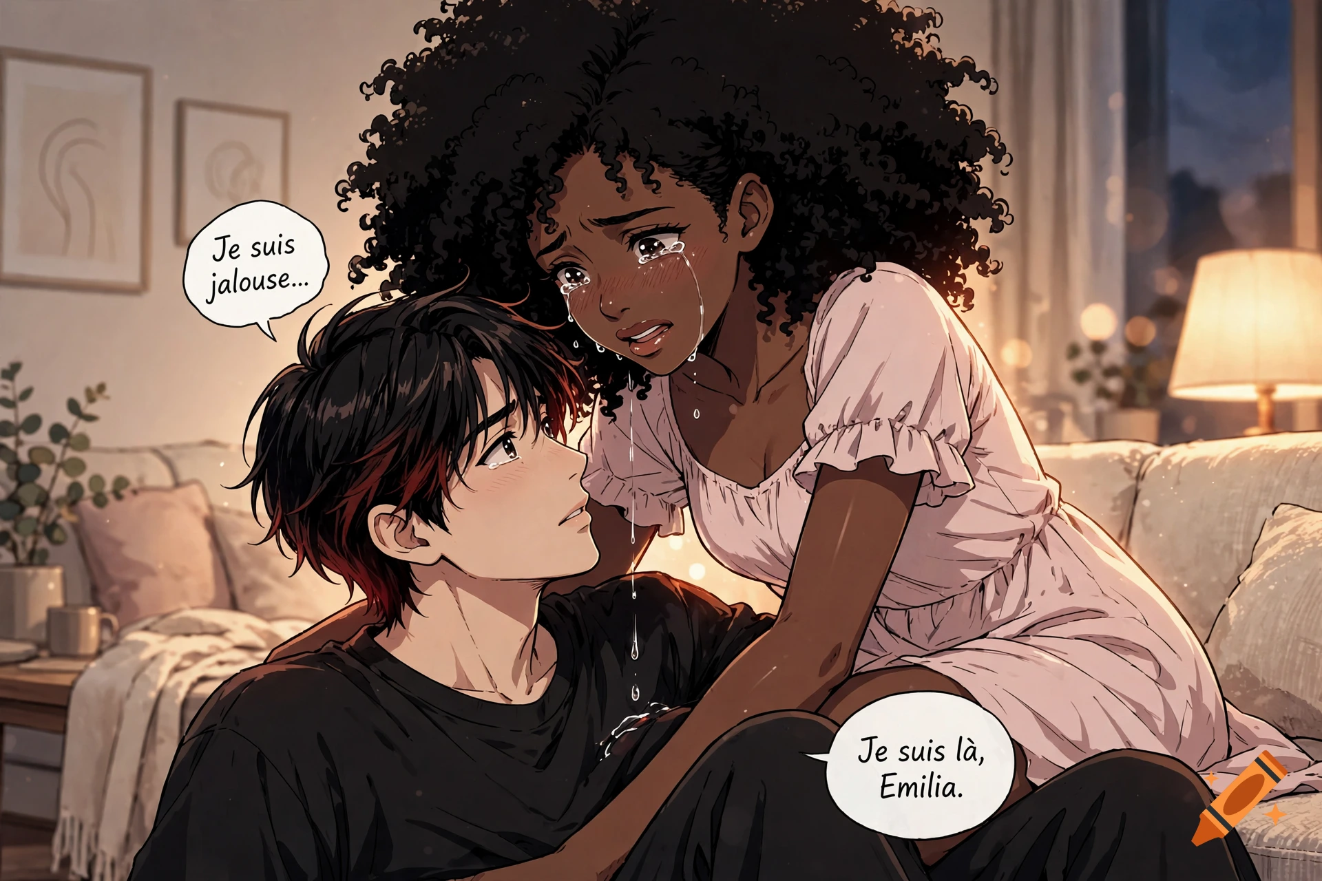 Anime style illustration of a crying black woman with afro hair sitting on the lap of an Asian man in a living room, speaking speech bubbles in French.