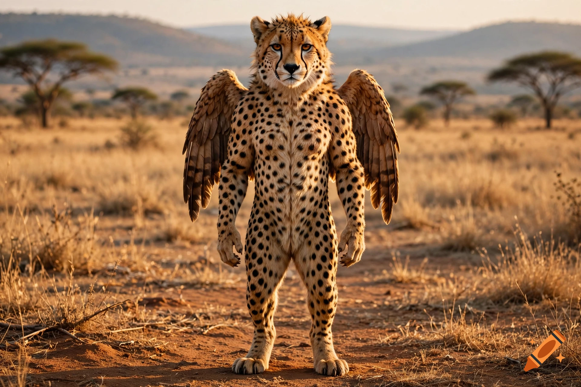 A photorealistic anthromorphic cheetah with feathered wings standing in an African savanna landscape.