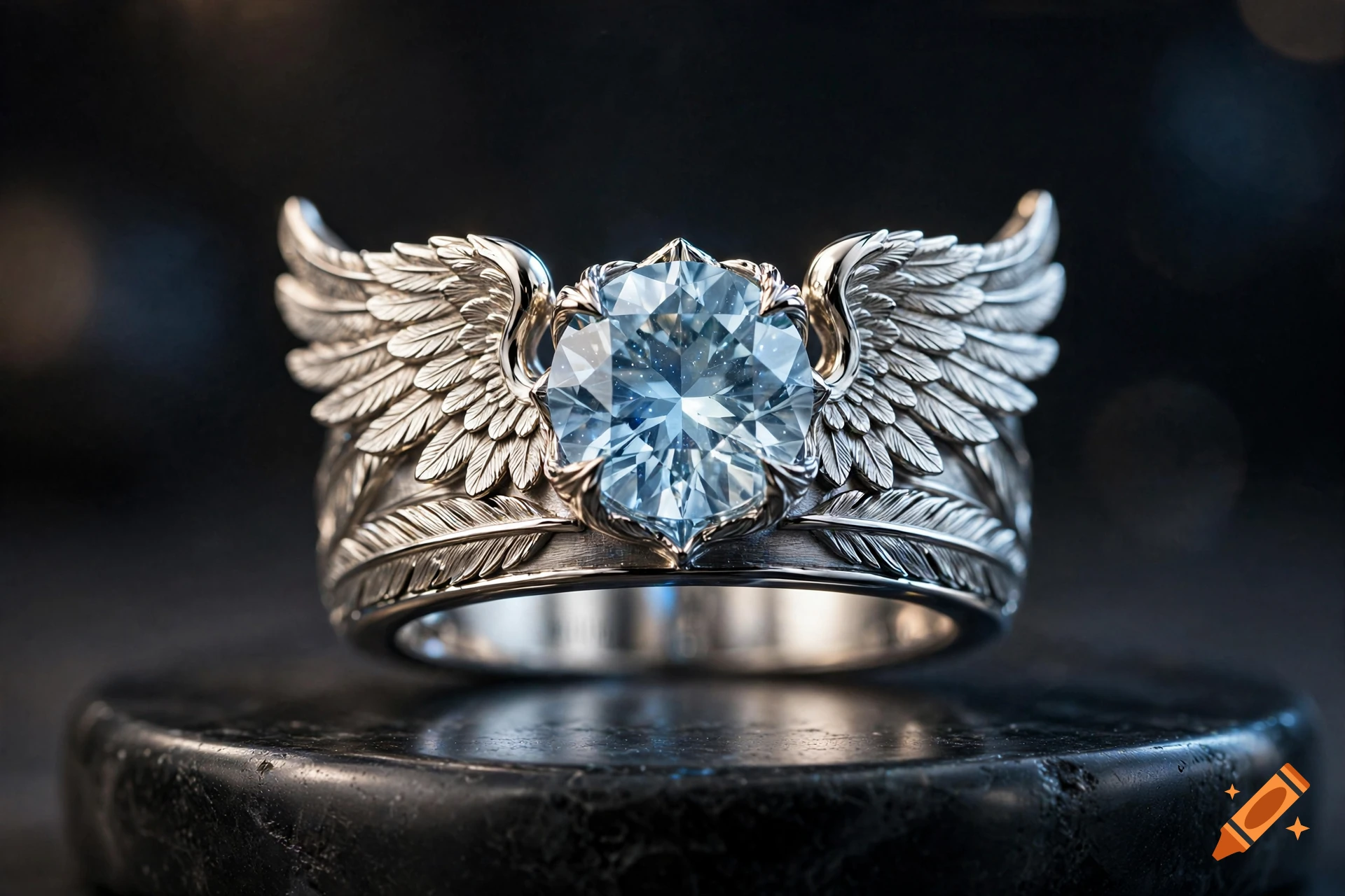 Close-up of a silver ring with detailed angel wings holding a large faceted light blue gemstone, resting on a dark polished surface.