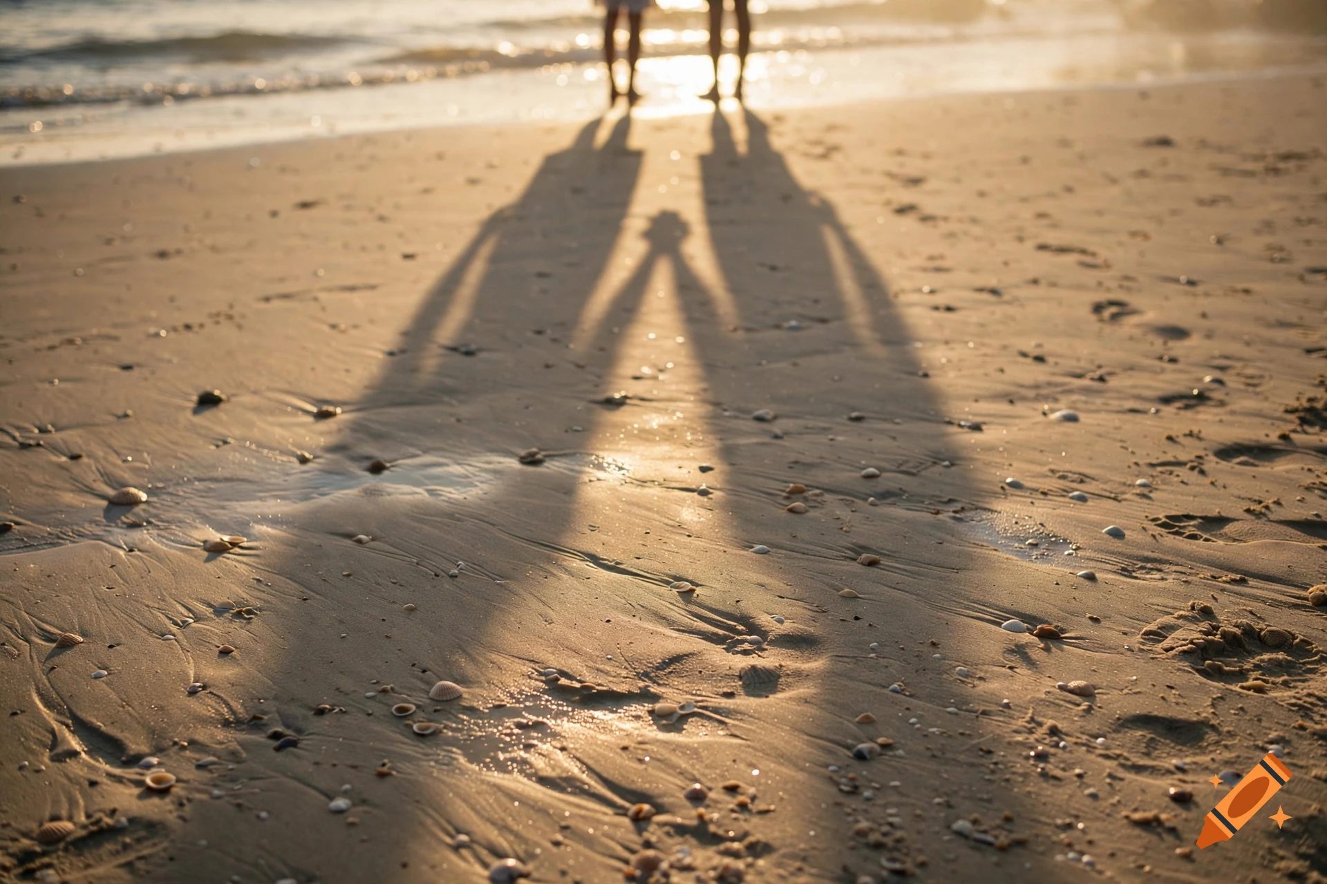 Photorealistic sunset beach scene showing the long shadows of a couple holding hands in the sand.