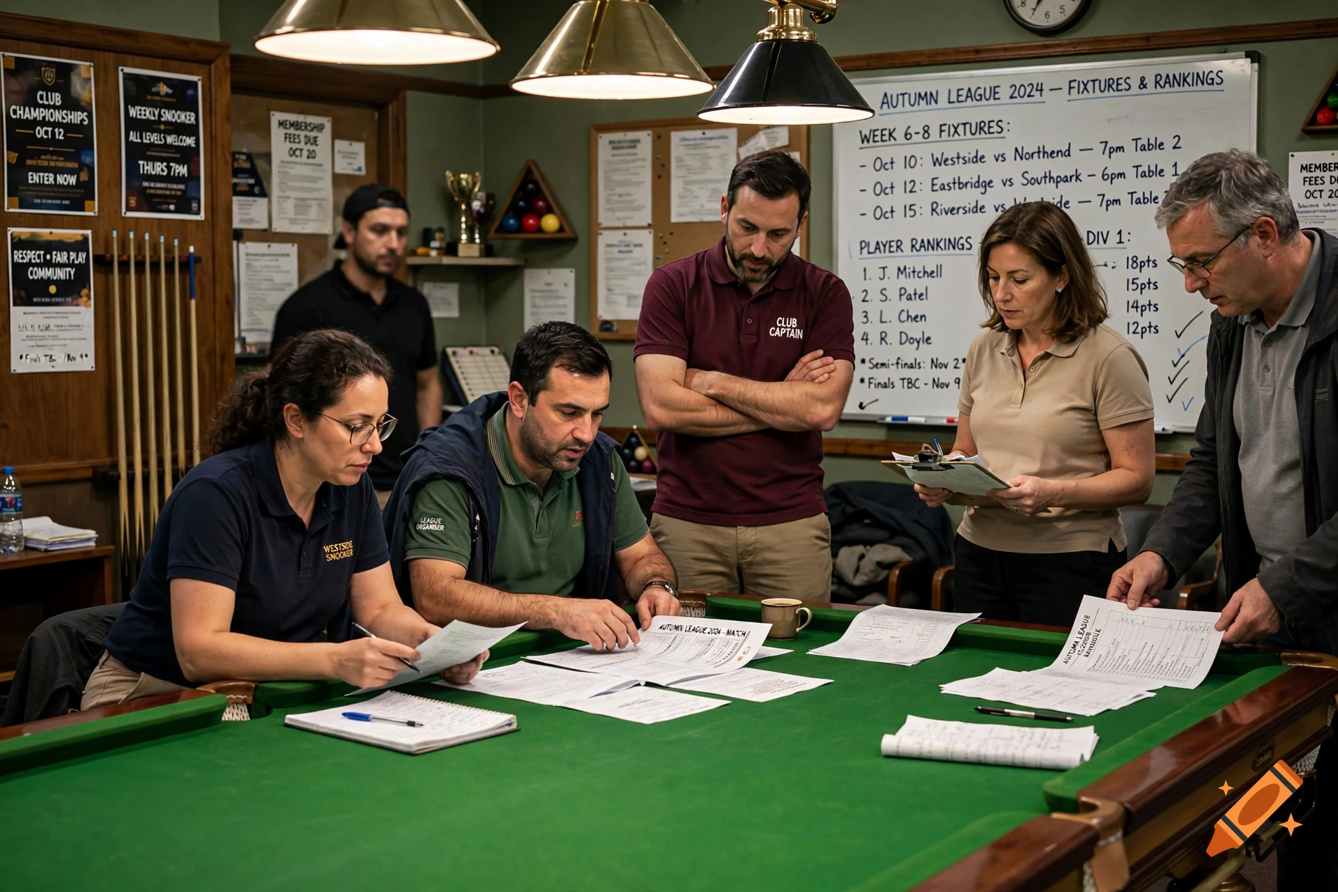 Photorealistic scene of a group of people gathered around a green snooker table reviewing documents and fixtures.