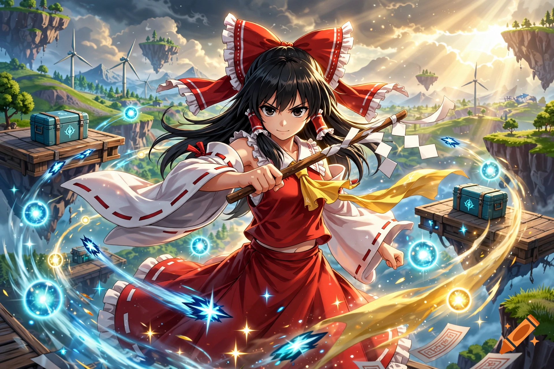 Anime style illustration of Reimu Hakurei from Touhou in a Fortnite floating island setting with glowing magical effects and loot chests.