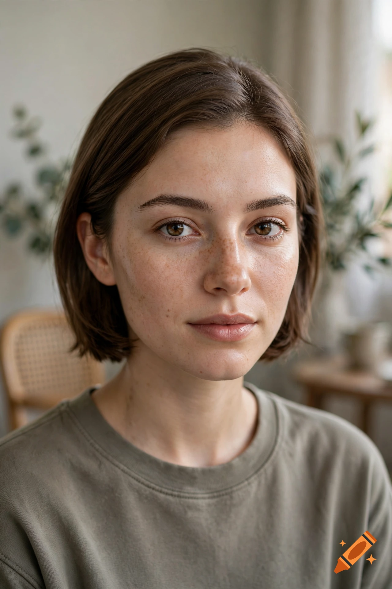 Photorealistic close-up portrait of a young woman with short brown hair and freckles, wearing a green t-shirt.