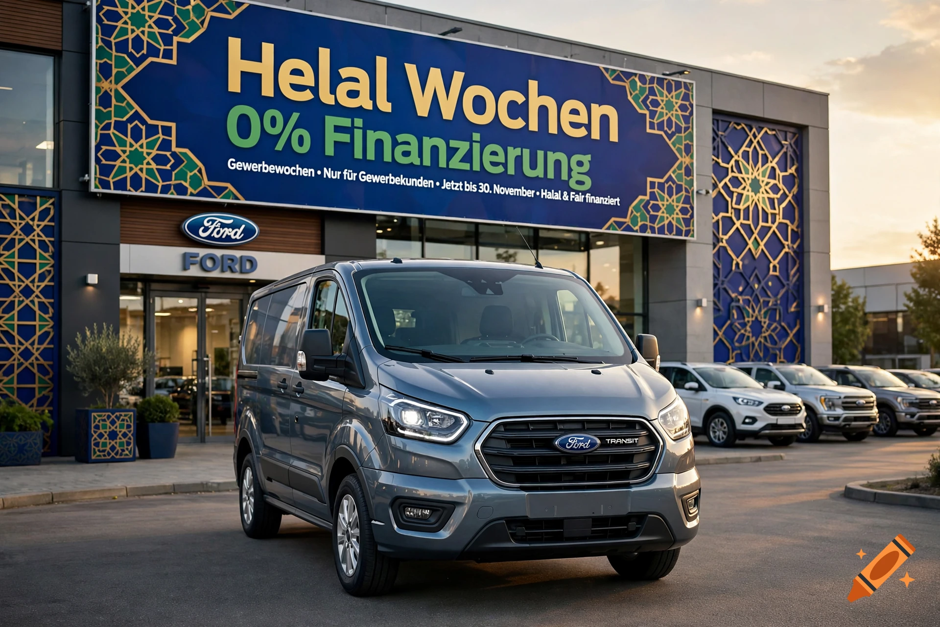 A gray Ford Transit van parked in front of a Ford dealership with a large promotional banner overhead.