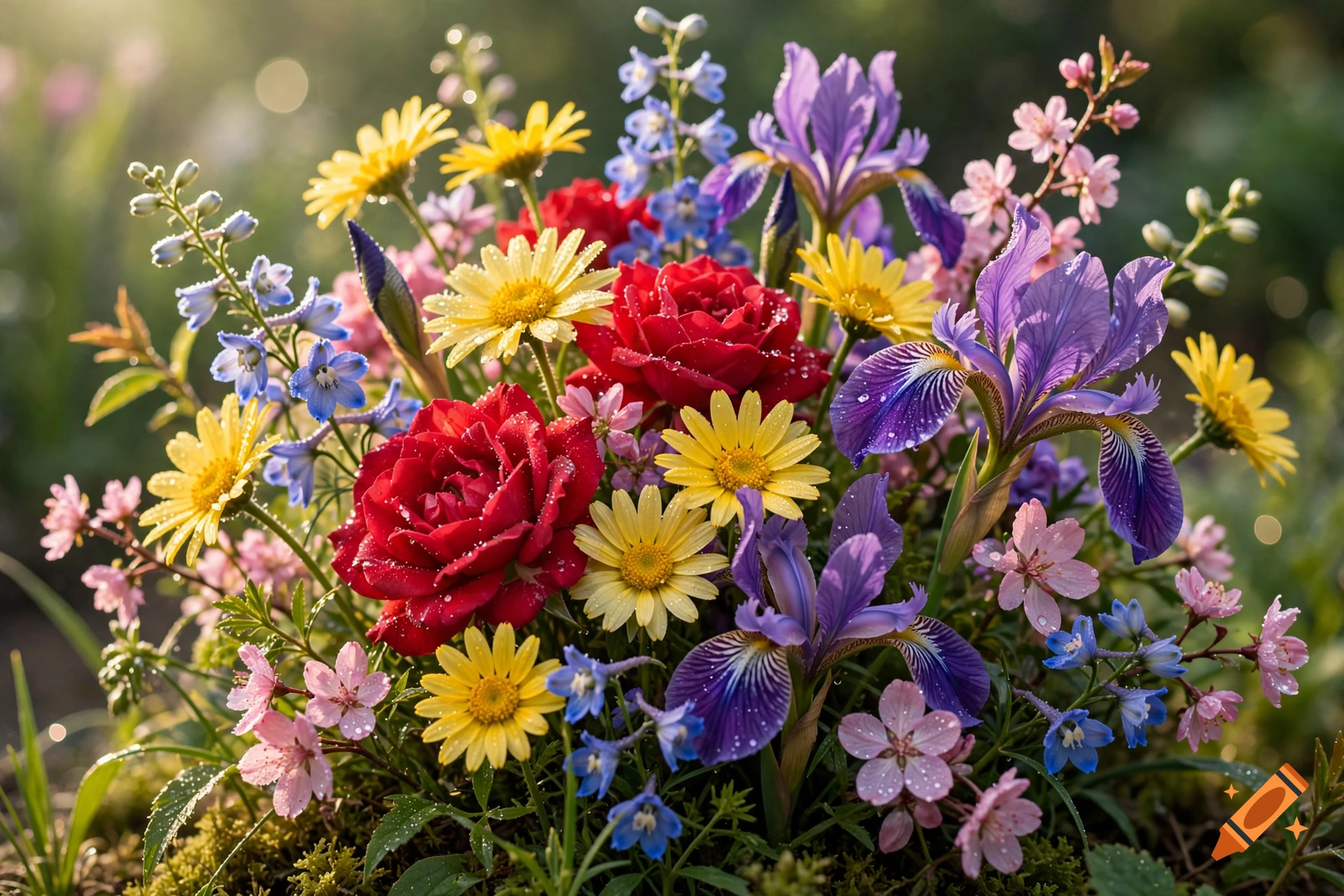Photorealistic arrangement of colorful flowers including red roses, yellow daisies, and purple irises with dew drops.