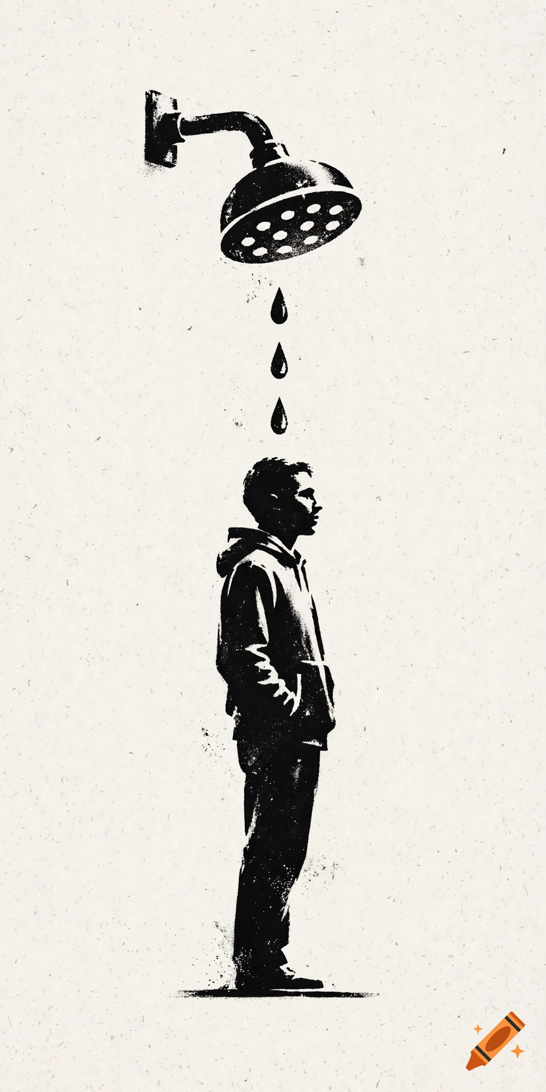 Black and white Banksy style stencil art of a person standing under a shower head with water drops falling, on a textured background.