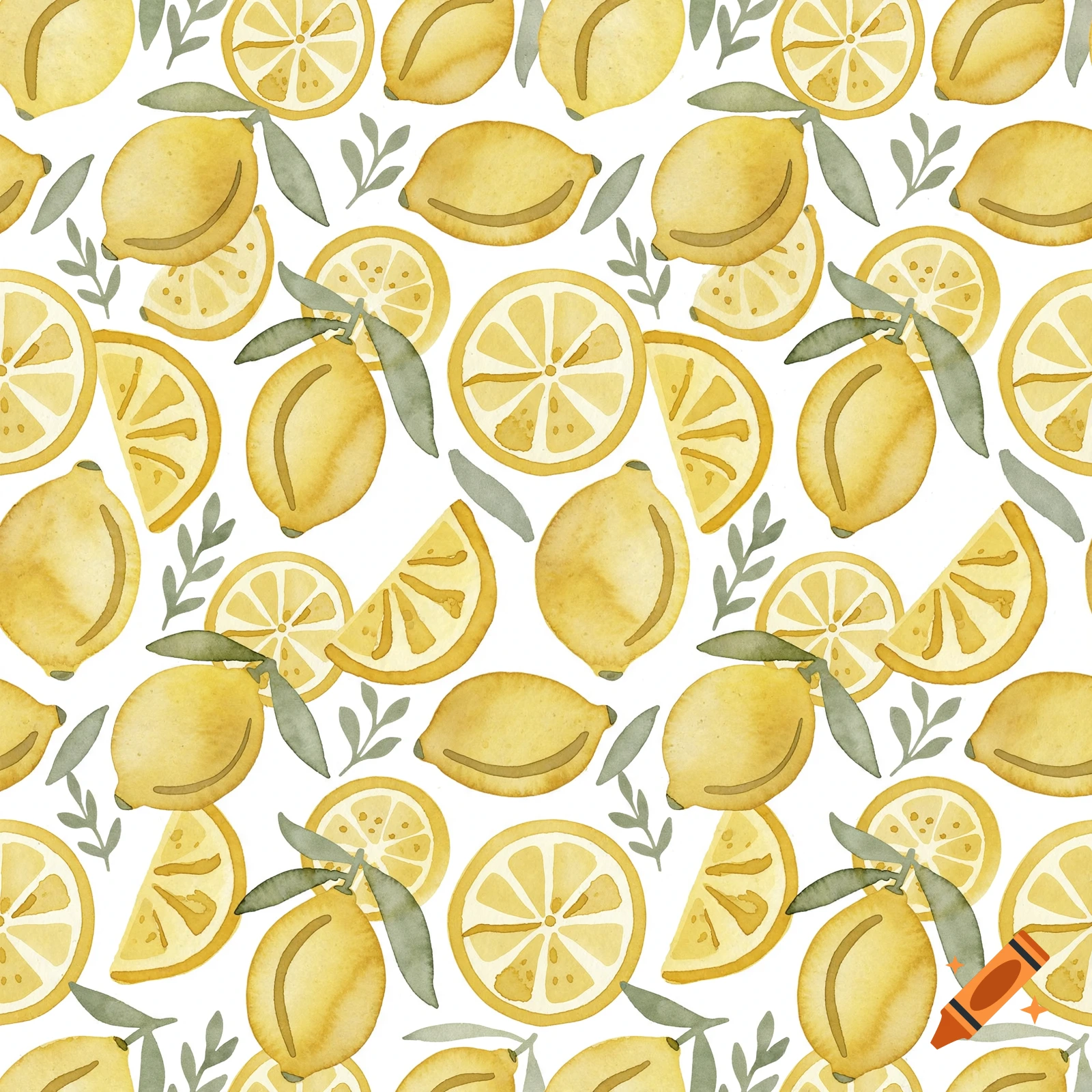 Seamless watercolor pattern of whole and sliced yellow lemons and green leaves on a white background.