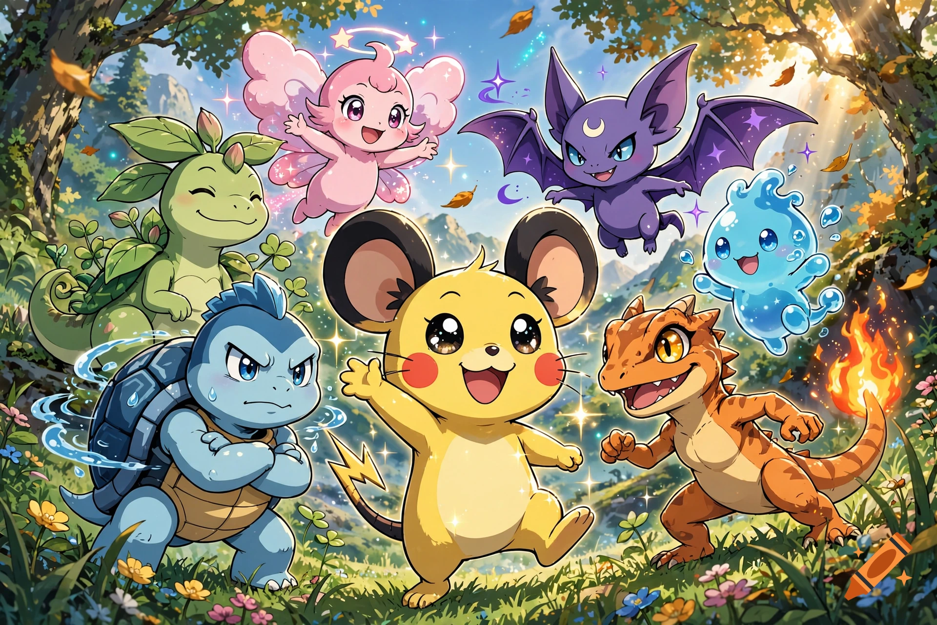 An assortment of colorful fantasy creature characters in a sunny forest clearing.