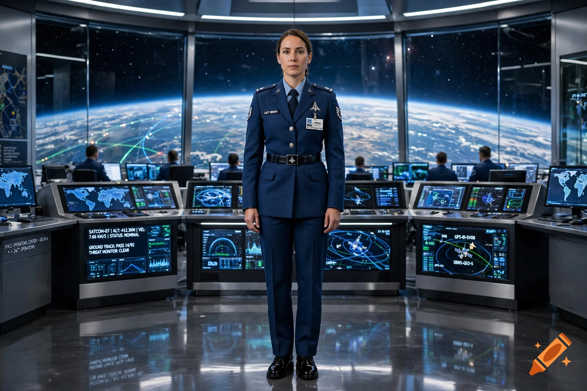 Photorealistic image of a female Space Force officer standing in a futuristic control room overlooking a planet from space.