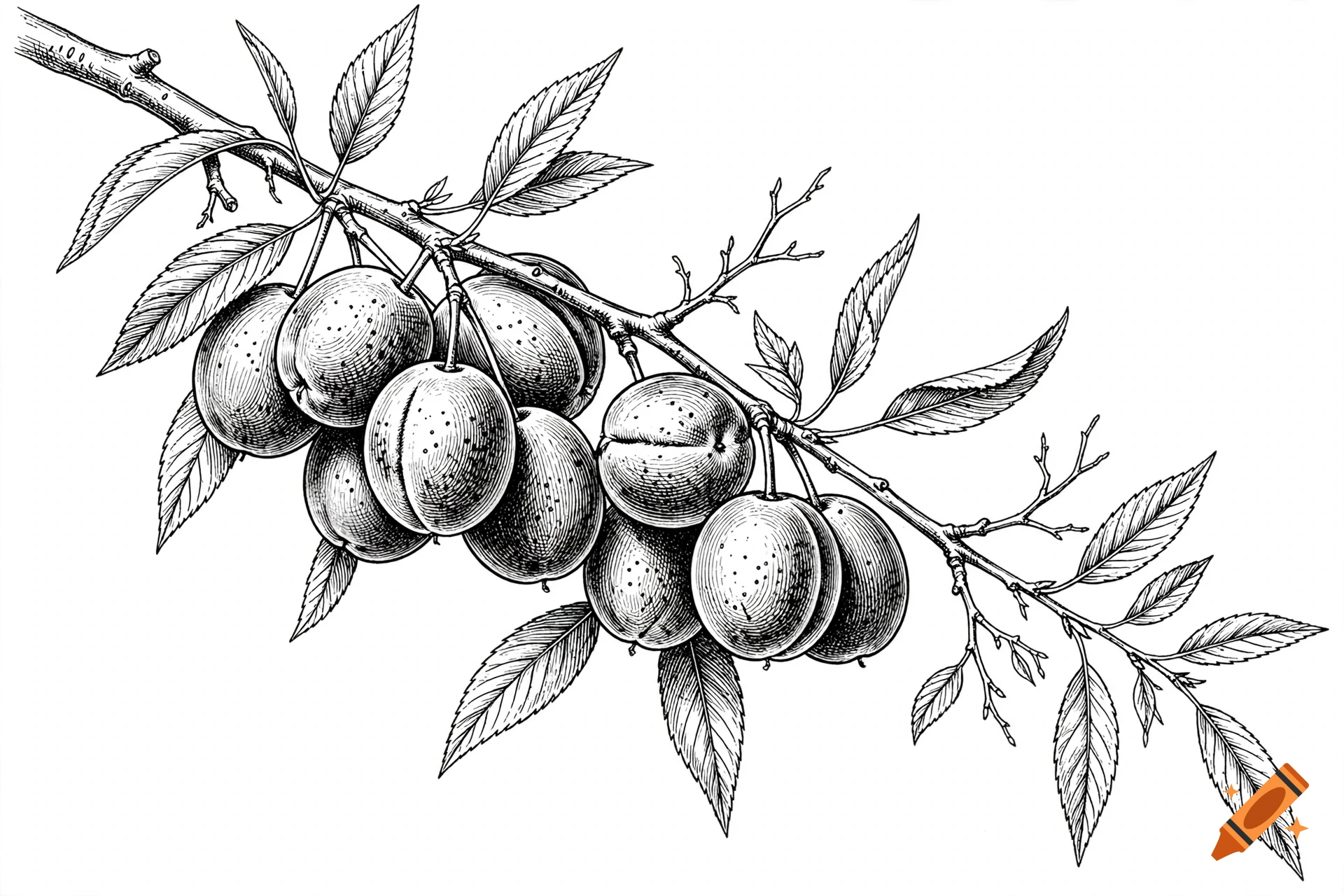 Black and white line drawing of a branch laden with damson plums and leaves.