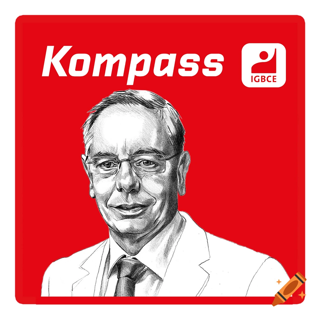Sketch portrait of a man in a suit and glasses with the word 'Kompass' and an IGBCE logo on a red background.
