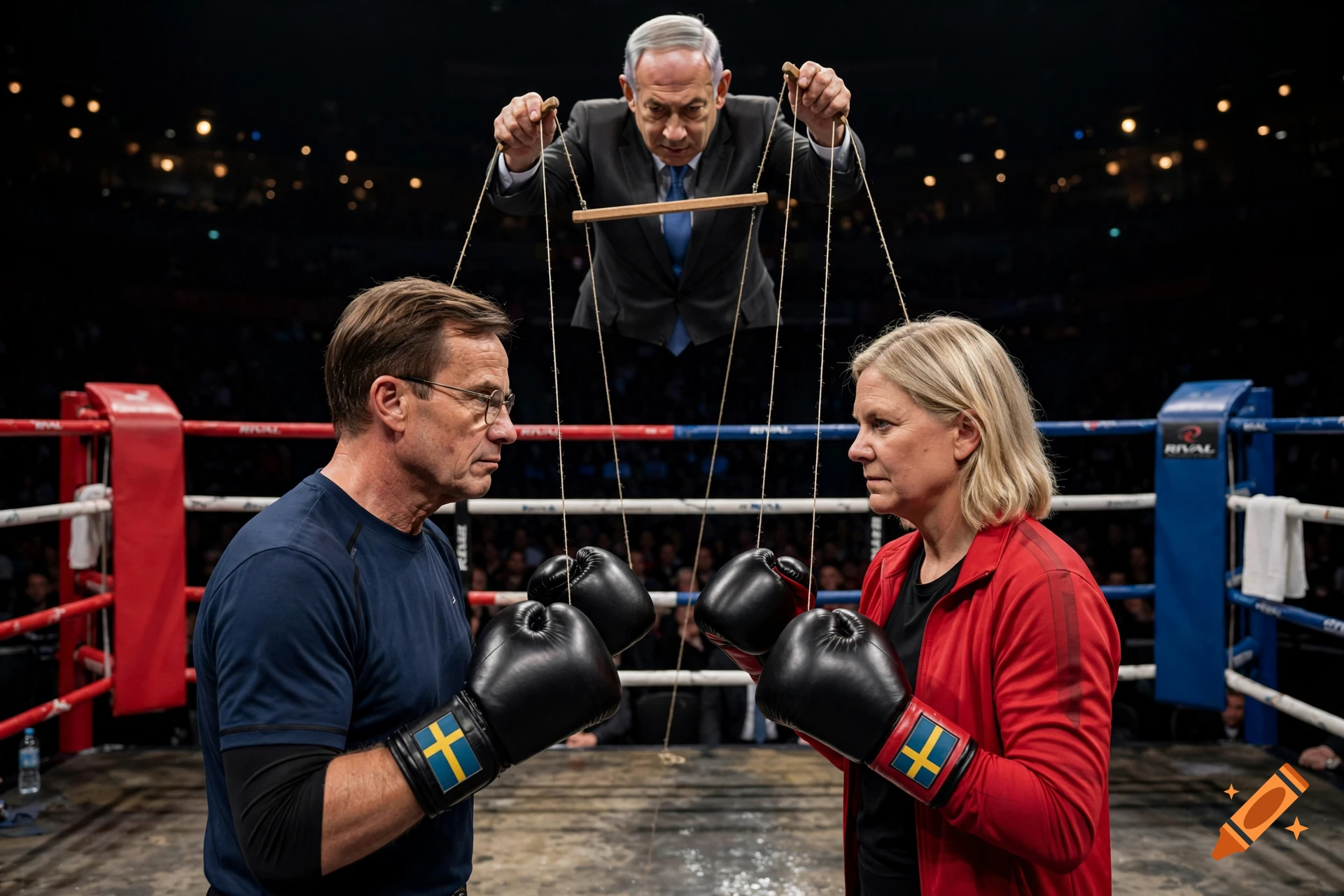 Photorealistic image of two politicians in a boxing ring, controlled as string puppets by a third politician from above.
