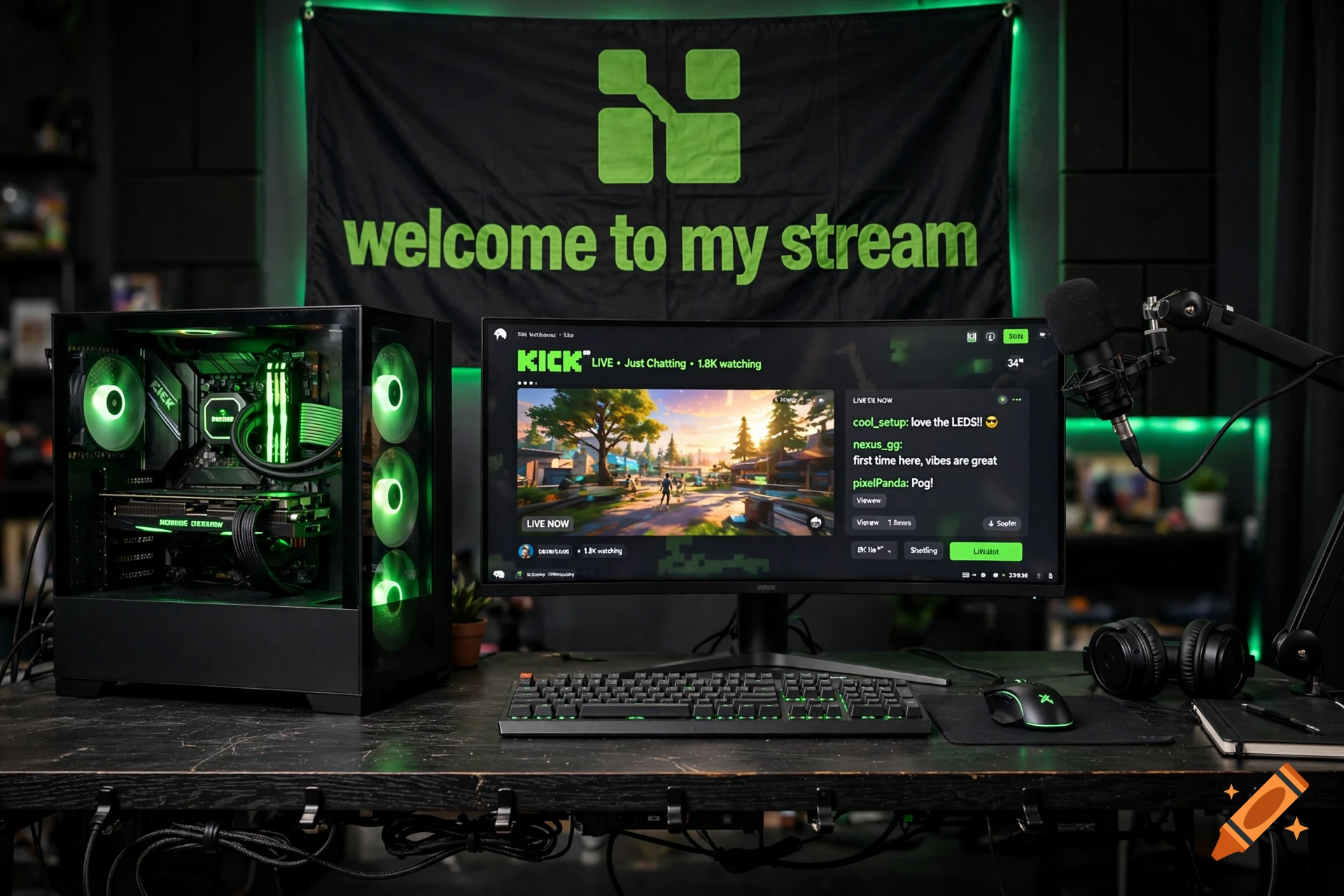 Photorealistic streaming setup with a black PC case, green glowing fans, a wide monitor displaying a Kick stream, keyboard, mouse, and a banner that reads welcome to my stream.