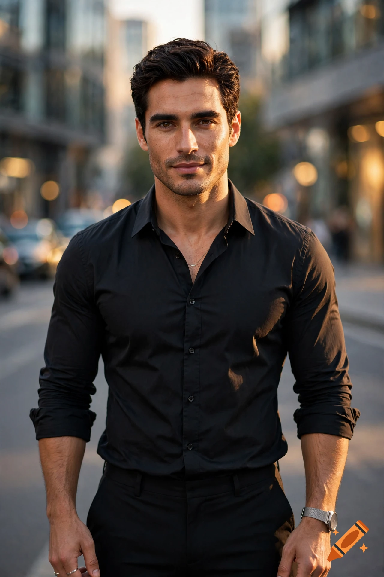 Photorealistic portrait of a handsome man in a black button-down shirt standing on a city street.