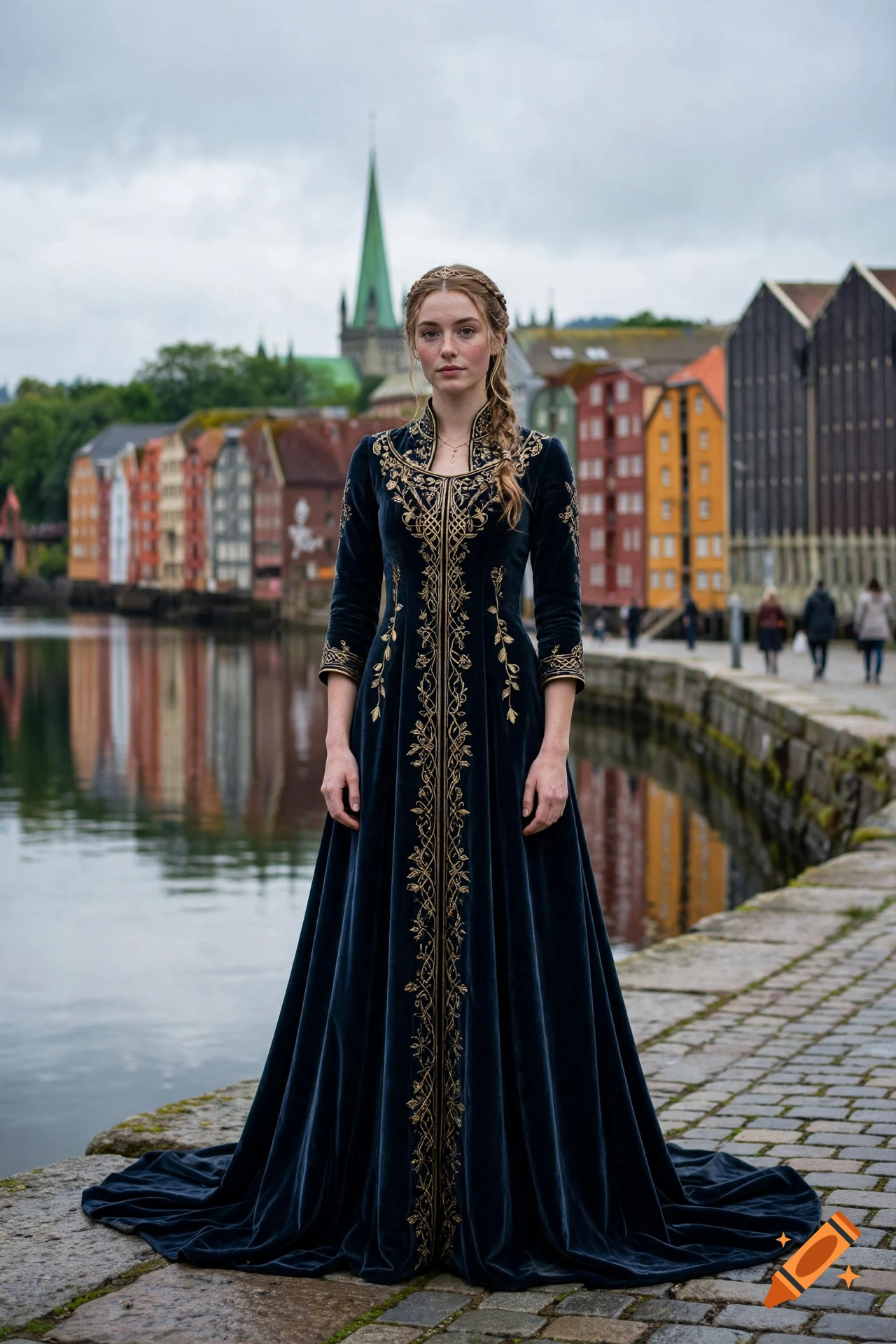 Photorealistic image of a princess in a dark blue velvet gown standing by a waterfront in Trondheim, Norway.