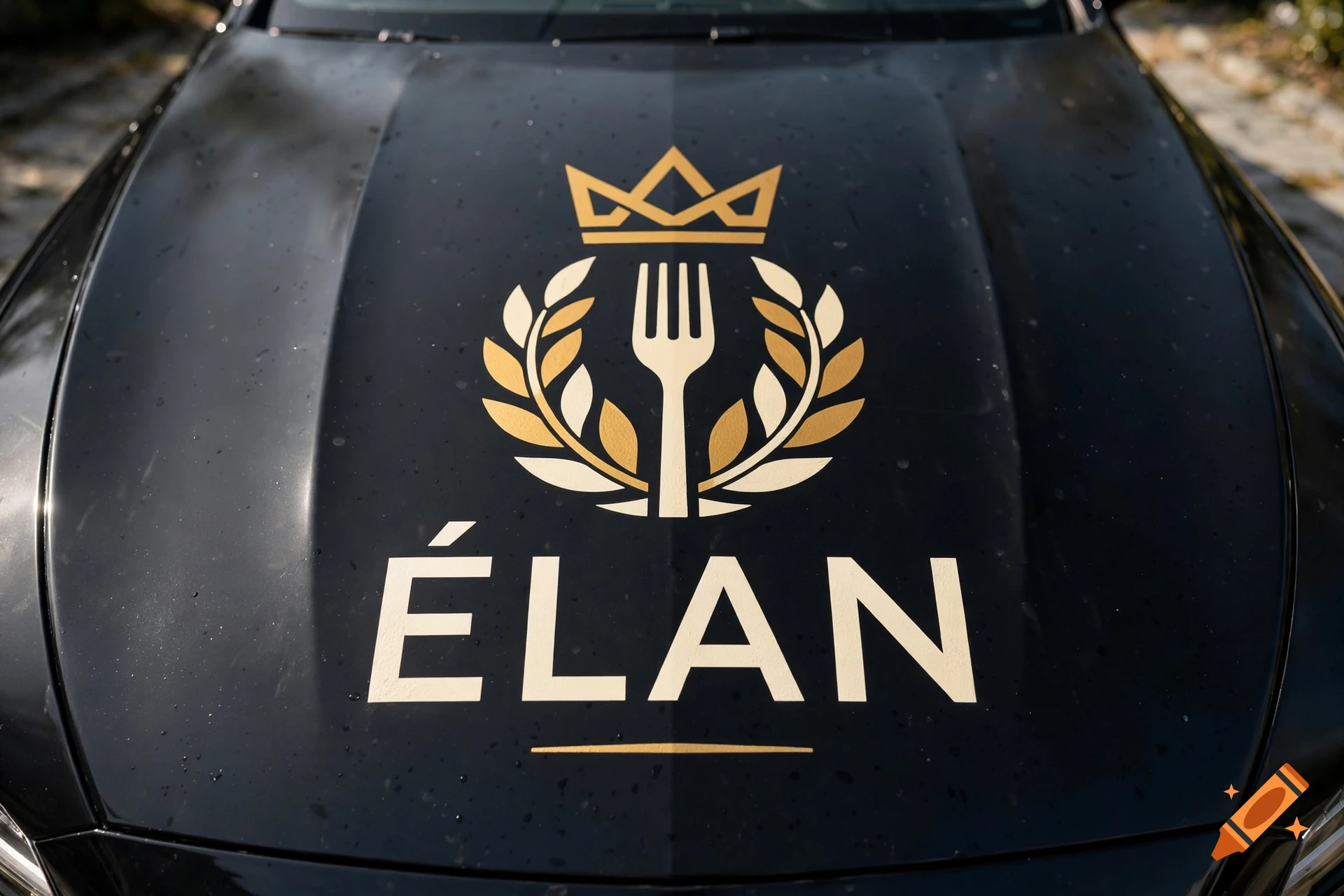 Close-up of a black car hood featuring a gold and cream luxury restaurant logo with a crown, wheat wreath, fork, and the word ÉLAN.