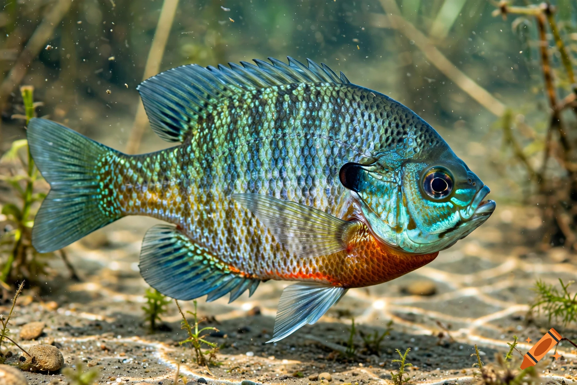 Photorealistic image of a bluegill fish underwater, with textured scales and sunlit ripples on the sandy bottom.