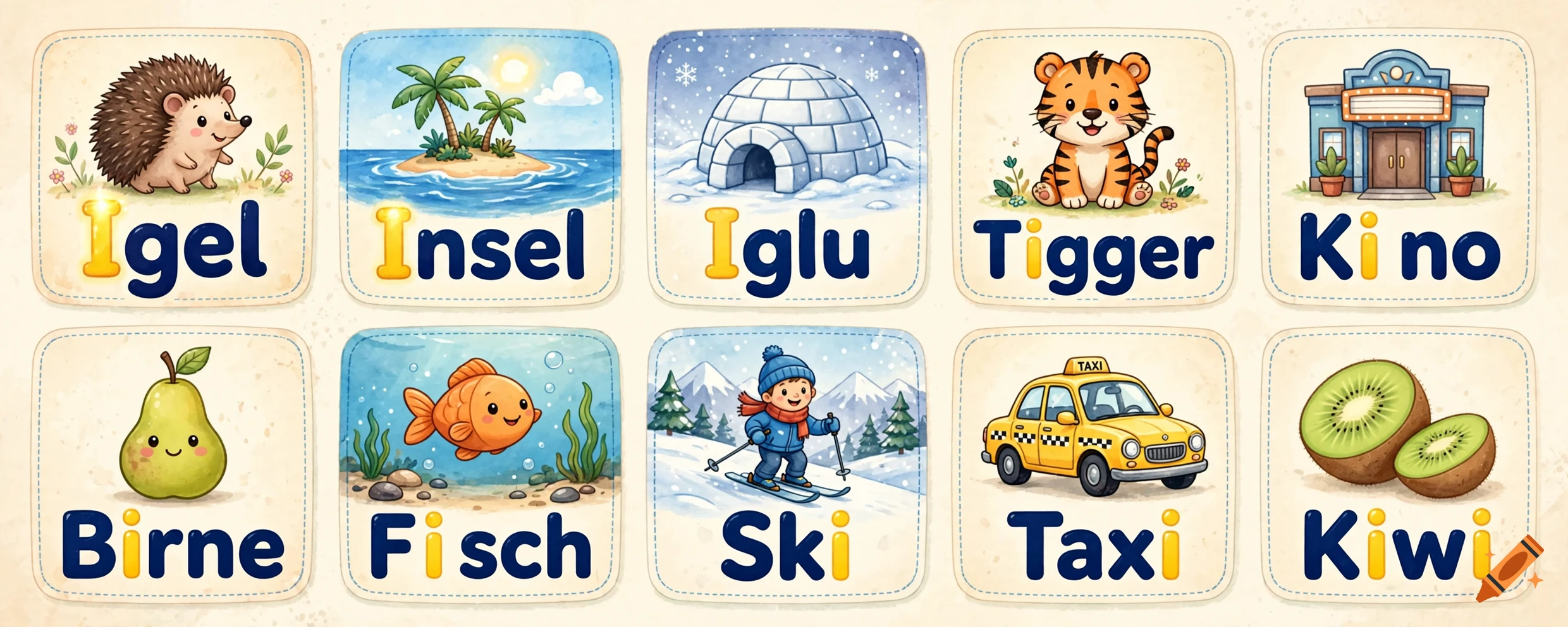 Educational flashcards with cute animal and object illustrations and German words featuring highlighted letters.