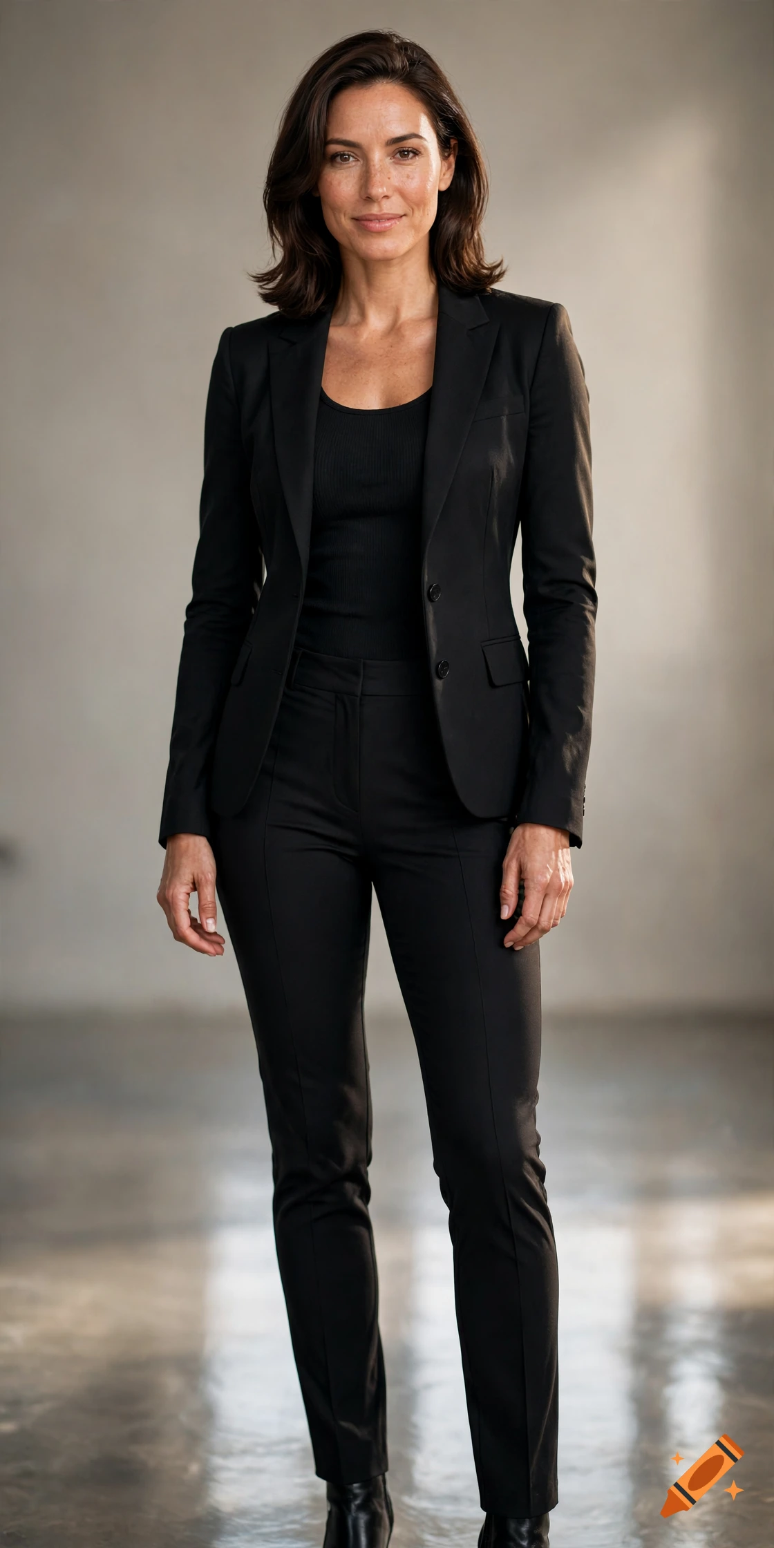 Photorealistic full-body portrait of a woman in a black business suit standing indoors.