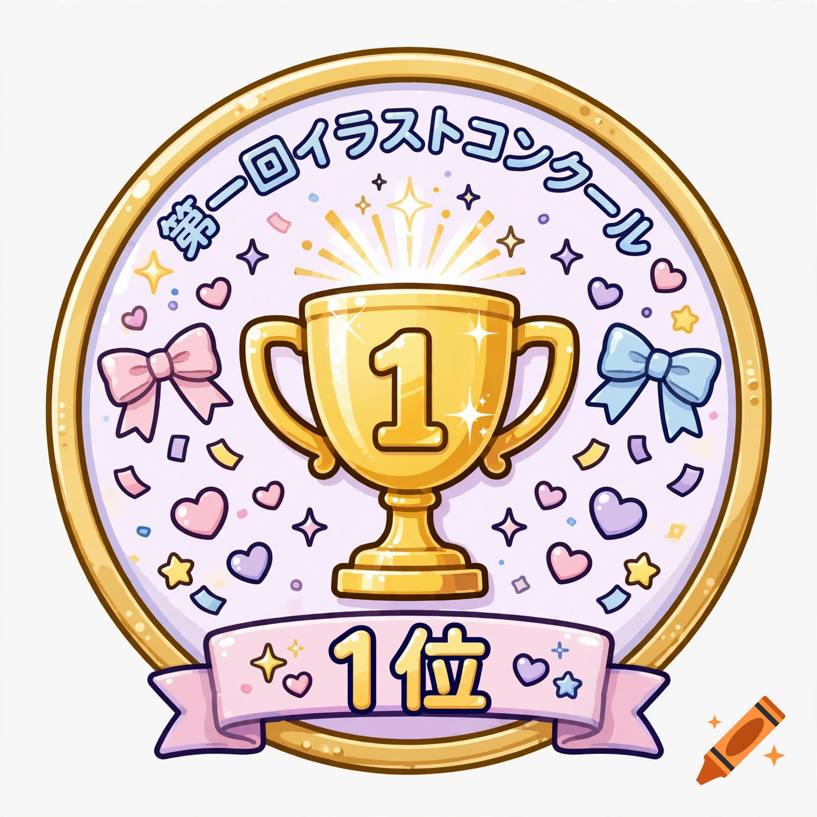 Cute 1st place gold trophy badge design with Japanese text, ribbons, and hearts in anime style.