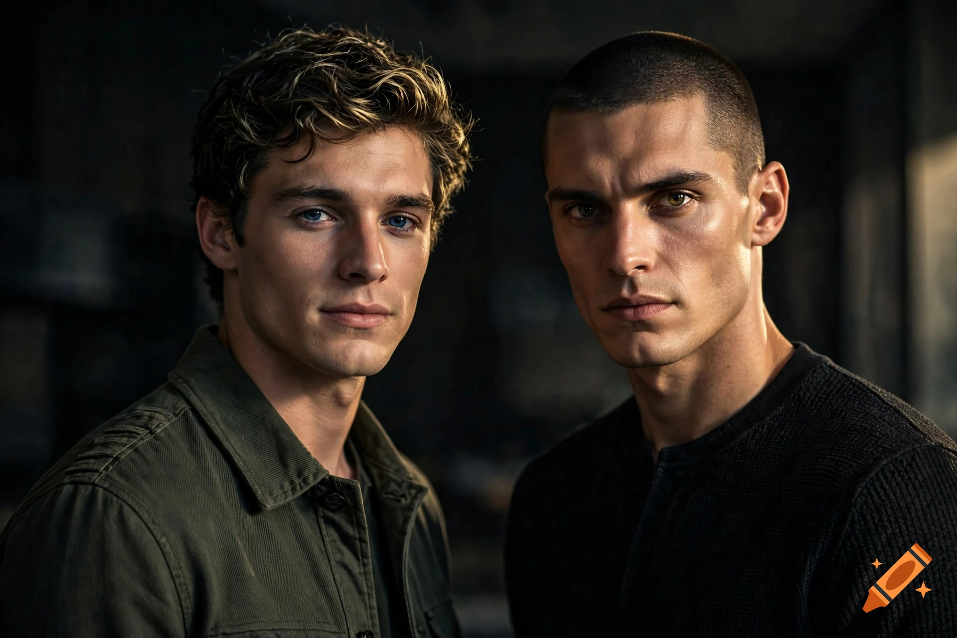 Cinematic photorealistic portrait of two young men standing side-by-side with dramatic side-lighting.