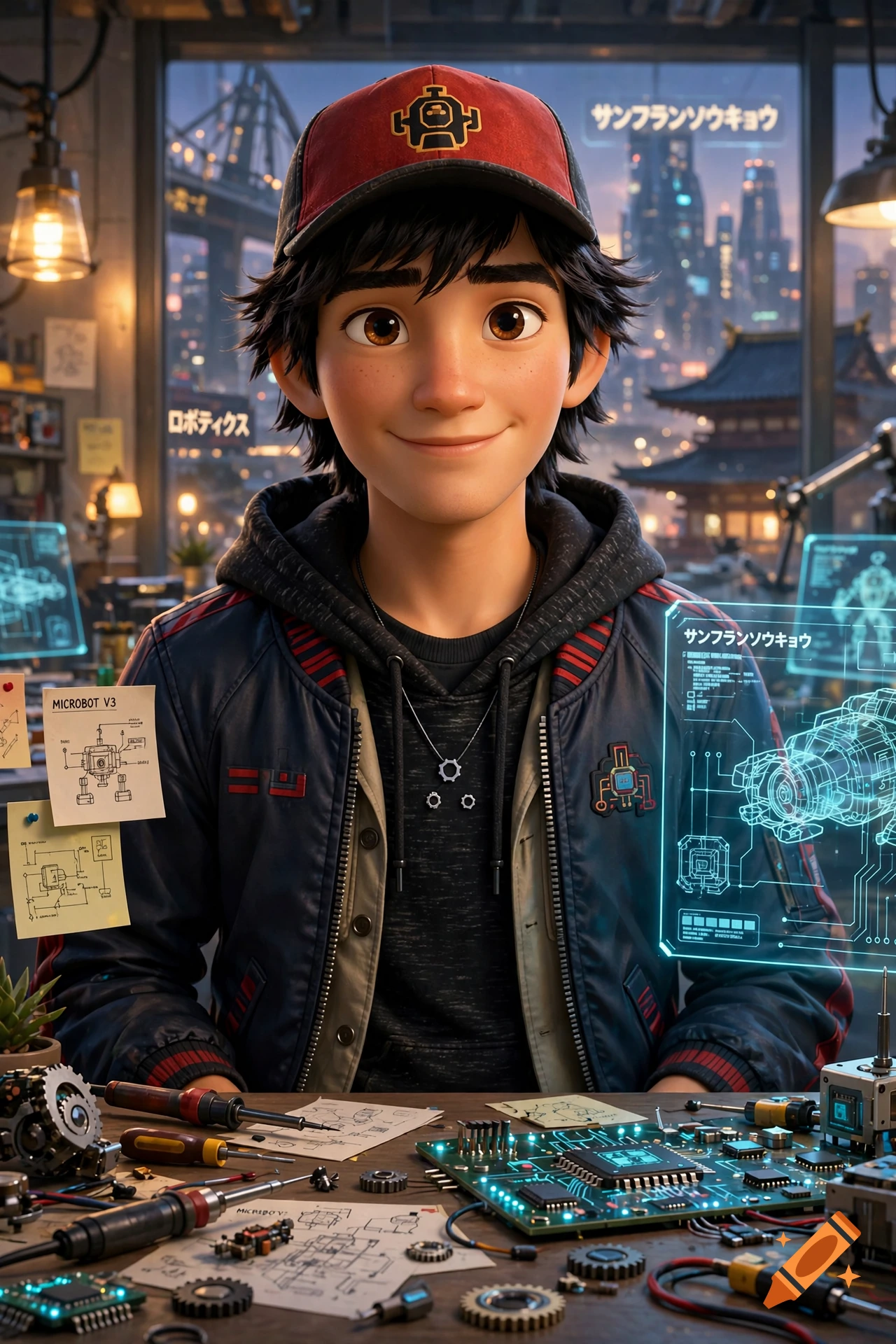 A young character with black hair and a red baseball cap smiling at a workbench filled with circuit boards, tools, and holographic diagrams.