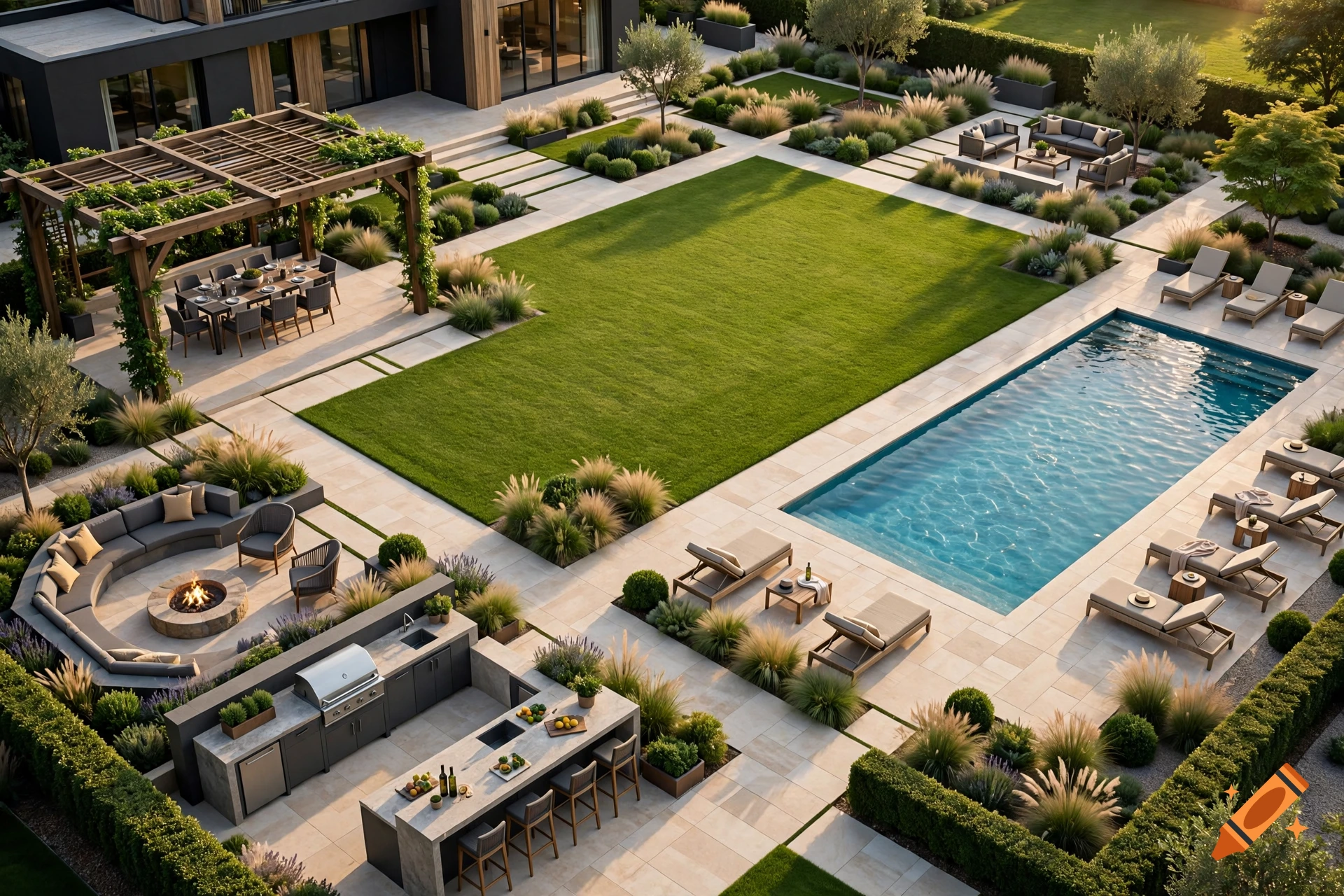 Aerial view of a modern luxury backyard with a swimming pool, lawn, pergola dining area, outdoor kitchen, fire pit, and lounge chairs.
