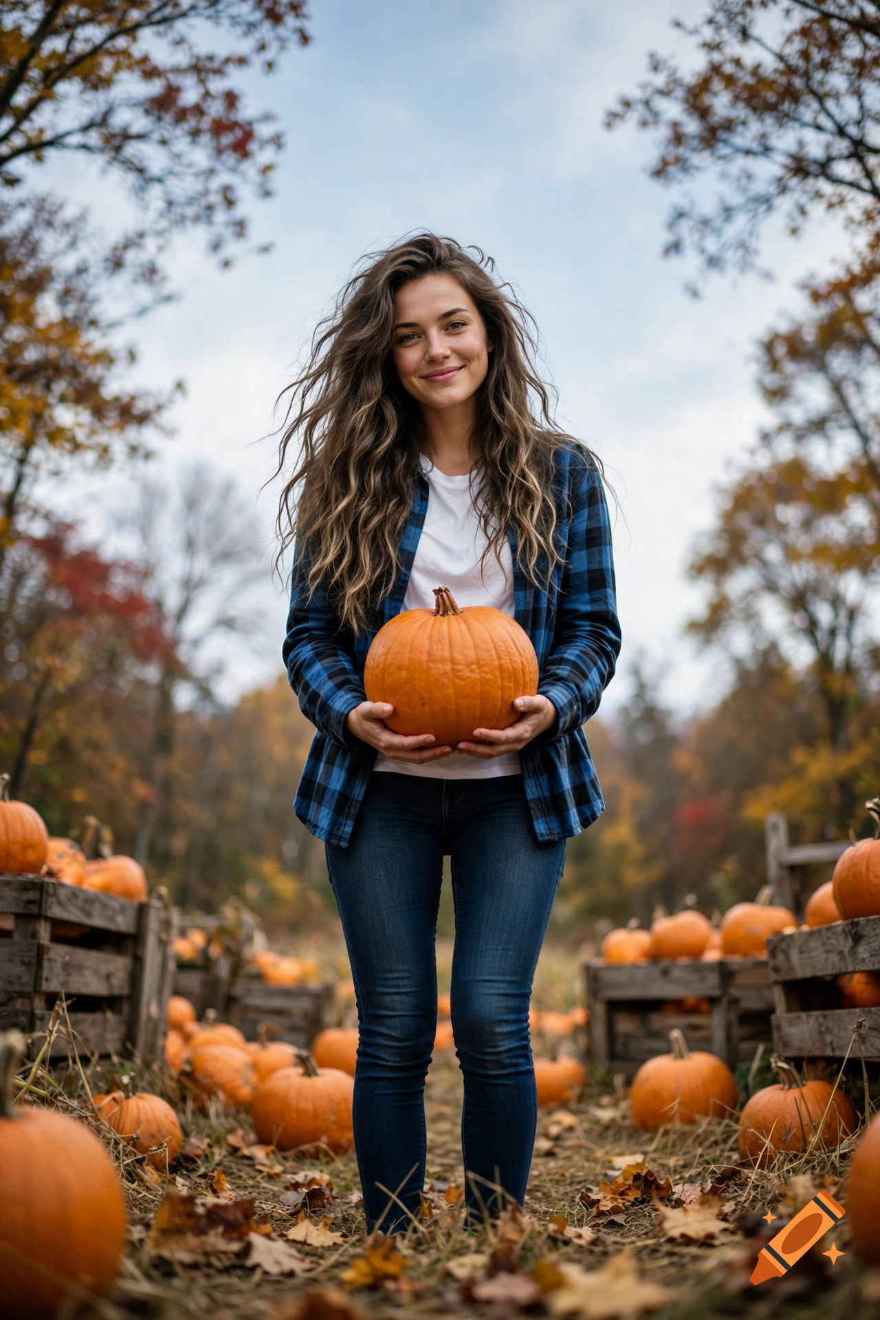 Photorealistic portrait of a woman with long wavy hair holding a pumpkin at a pumpkin patch.