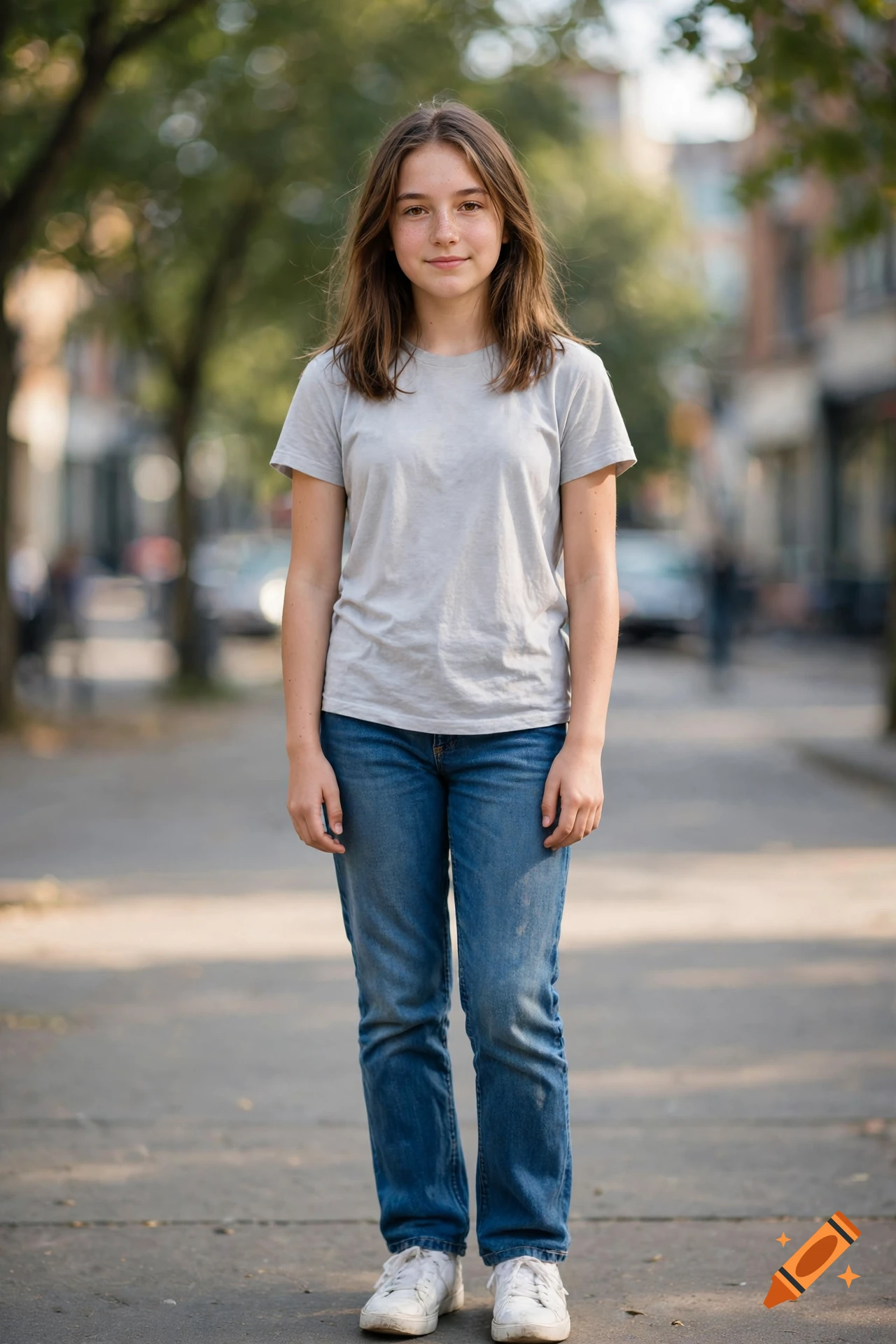 Photorealistic full-body portrait of a 15-year-old girl standing on a city street, wearing a grey t-shirt and blue jeans.