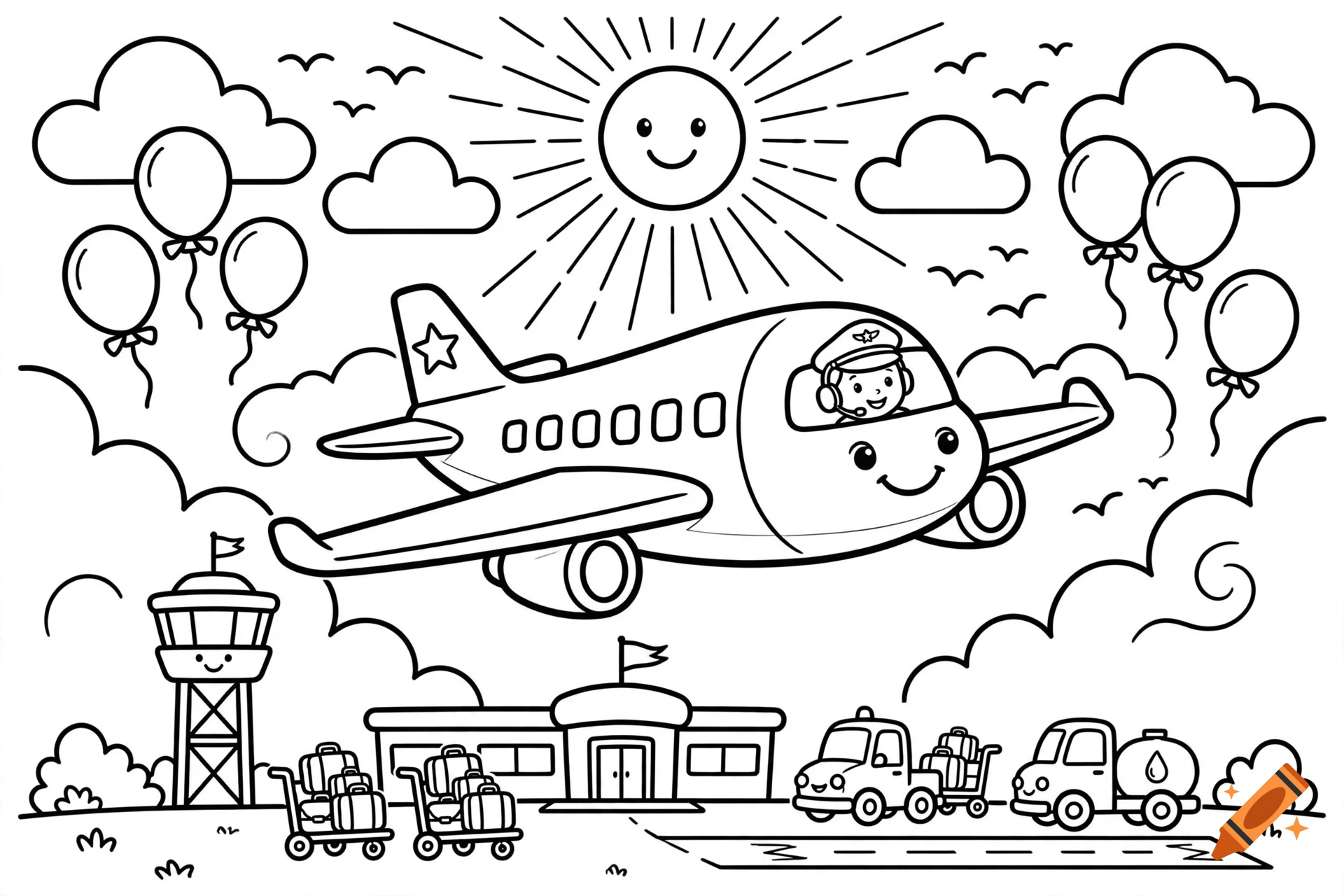 Black and white coloring book page featuring a friendly airplane flying in the sky with clouds, sun, balloons, and an airport terminal below.