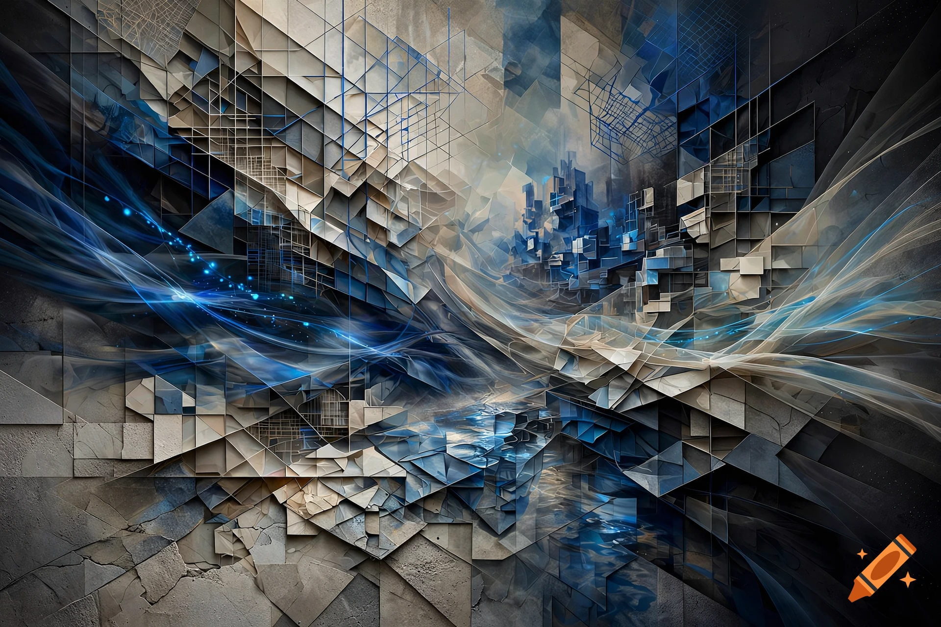 Abstract digital art featuring geometric shapes, lines, and blue glowing light effects creating a sense of depth.