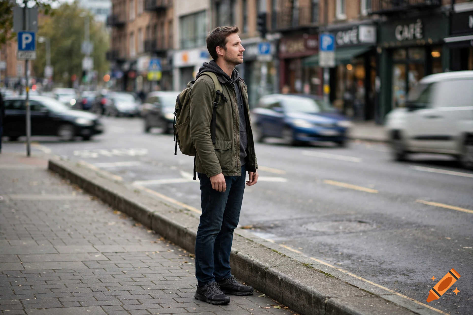 Photorealistic image of a man with a backpack standing on a city sidewalk waiting to cross the street.