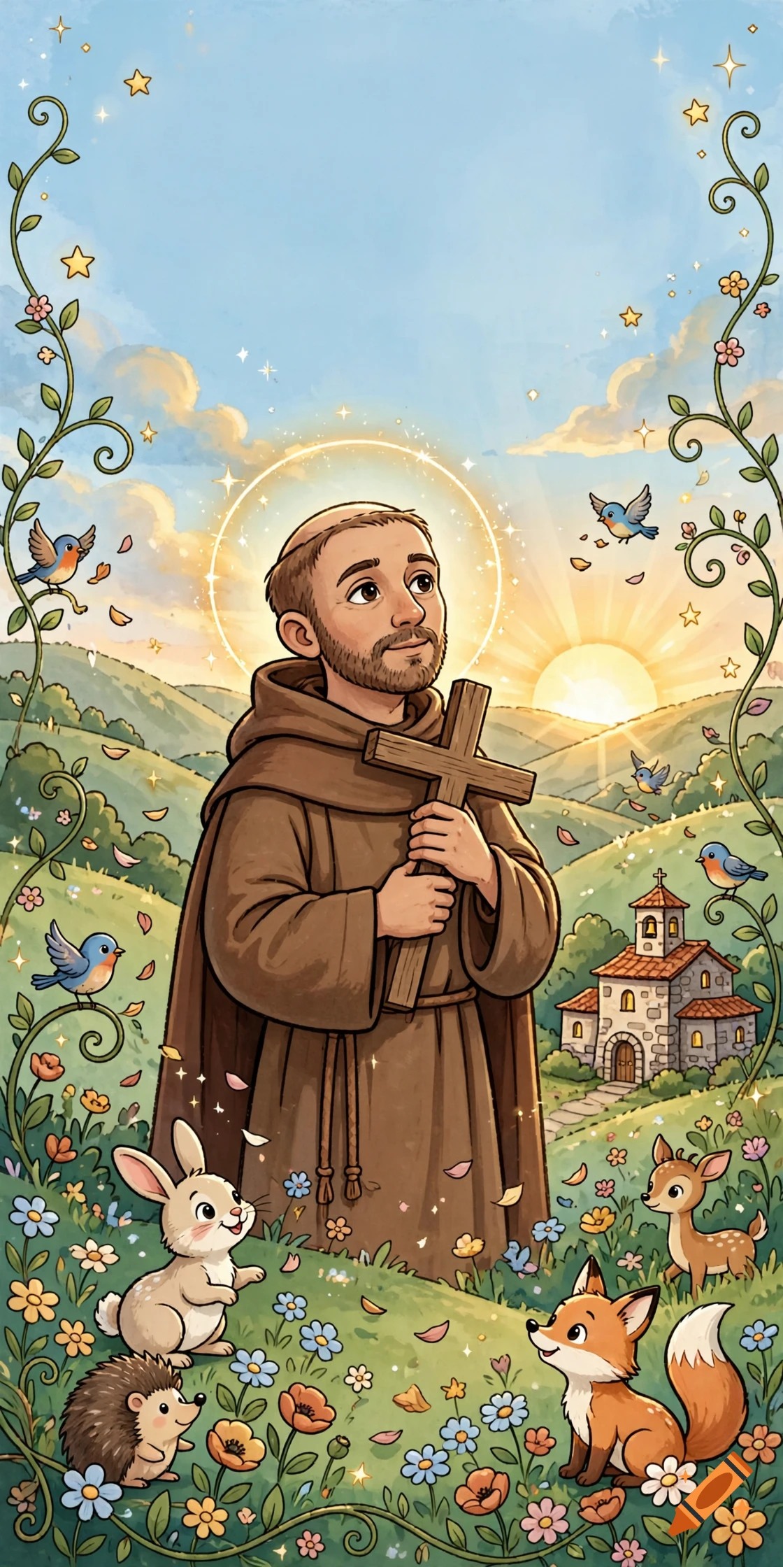 Cartoon illustration of a friar holding a cross in a meadow surrounded by animals and flowers, under a starry sky.