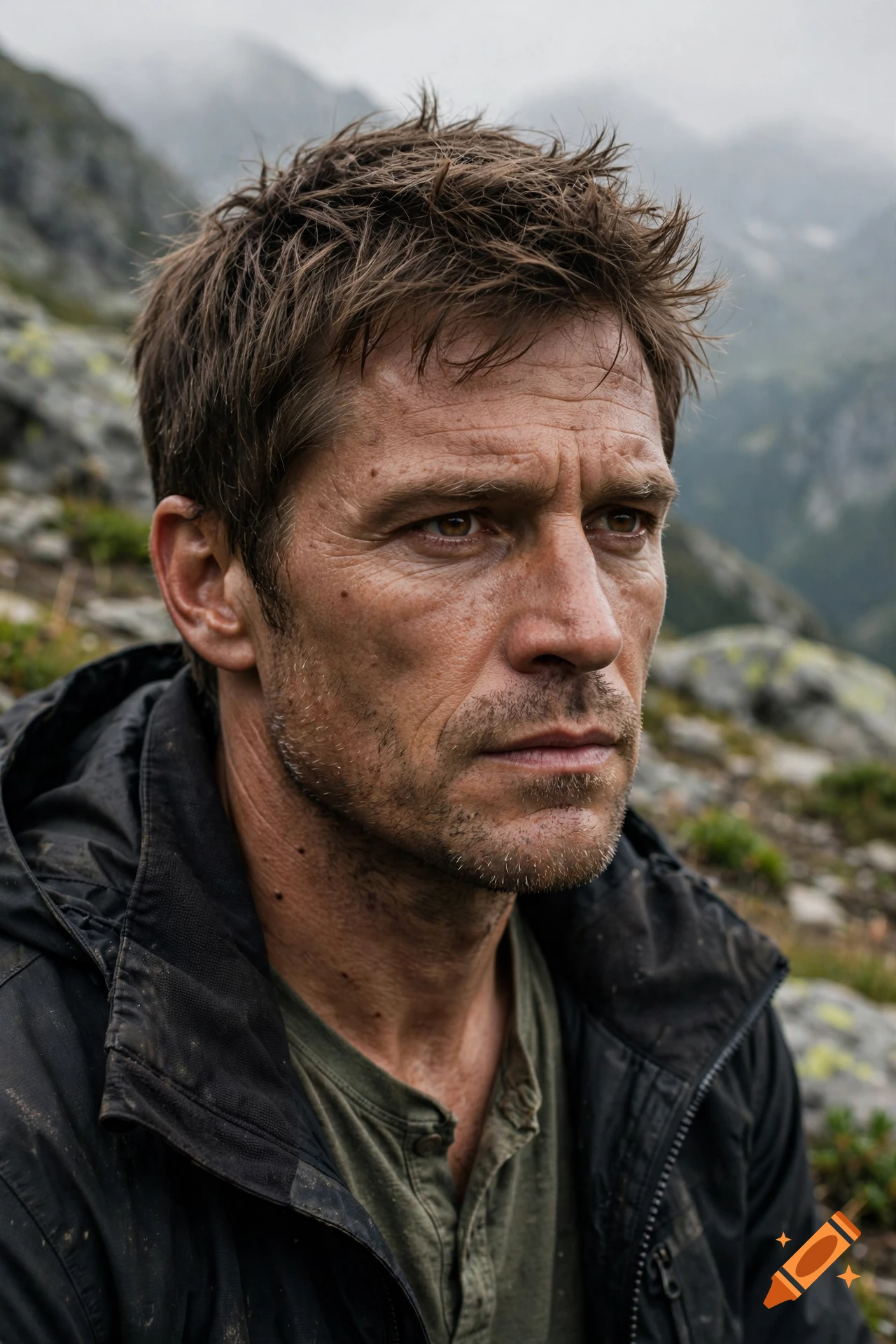 Close-up portrait of a rugged man with short brown hair and stubble, wearing a dark jacket outdoors with mountains in the background.