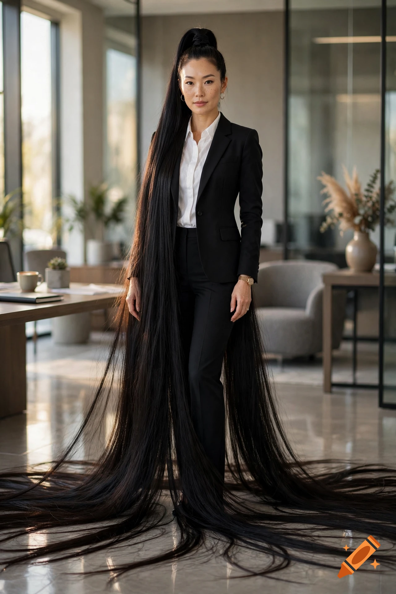 Photorealistic portrait of an Asian woman in a black business suit with extremely long, floor-length silk hair standing in an office.