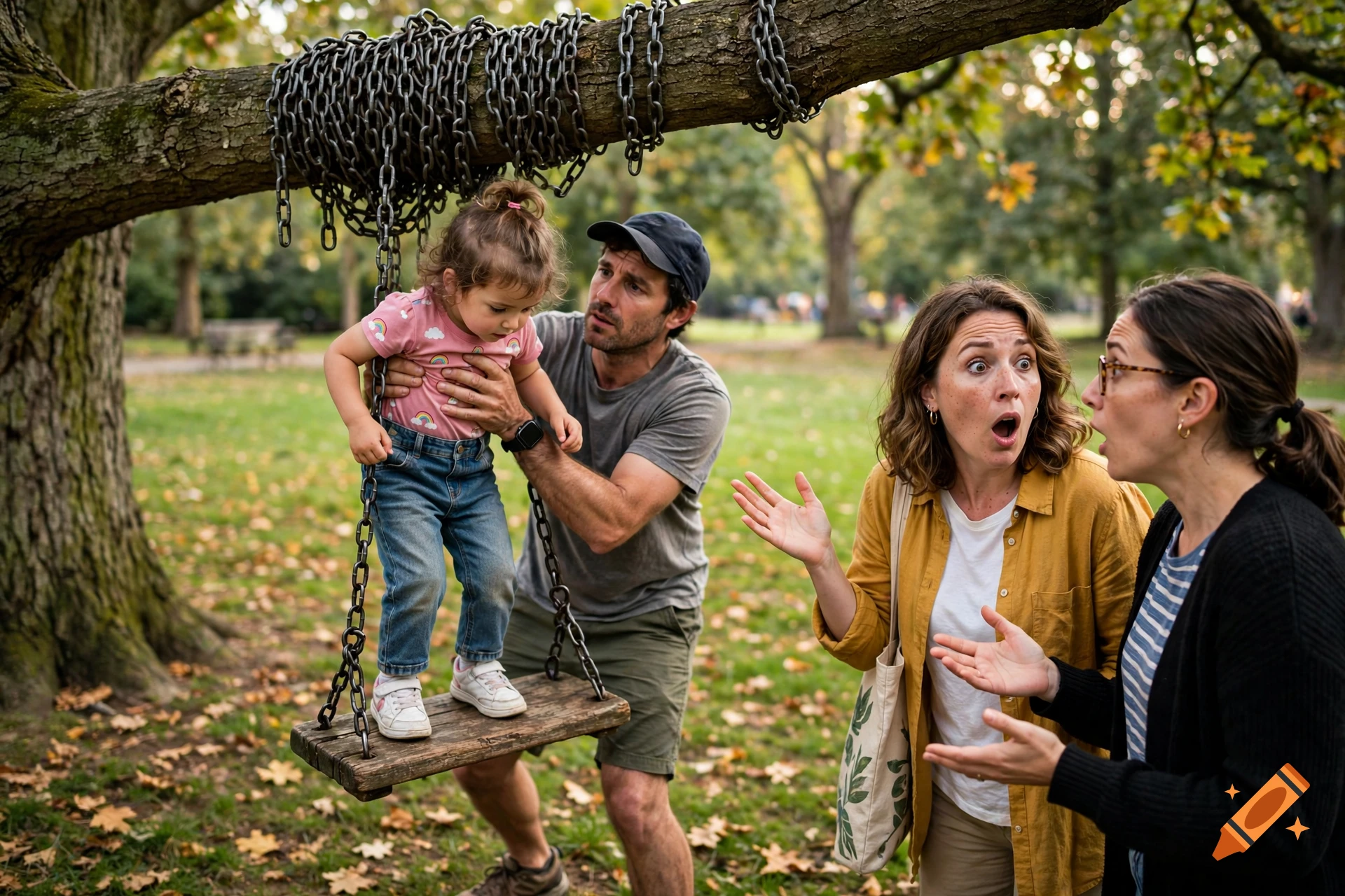 Photorealistic scene of a man putting a toddler on a swing wrapped in chains, while two women look on in shock in a park.