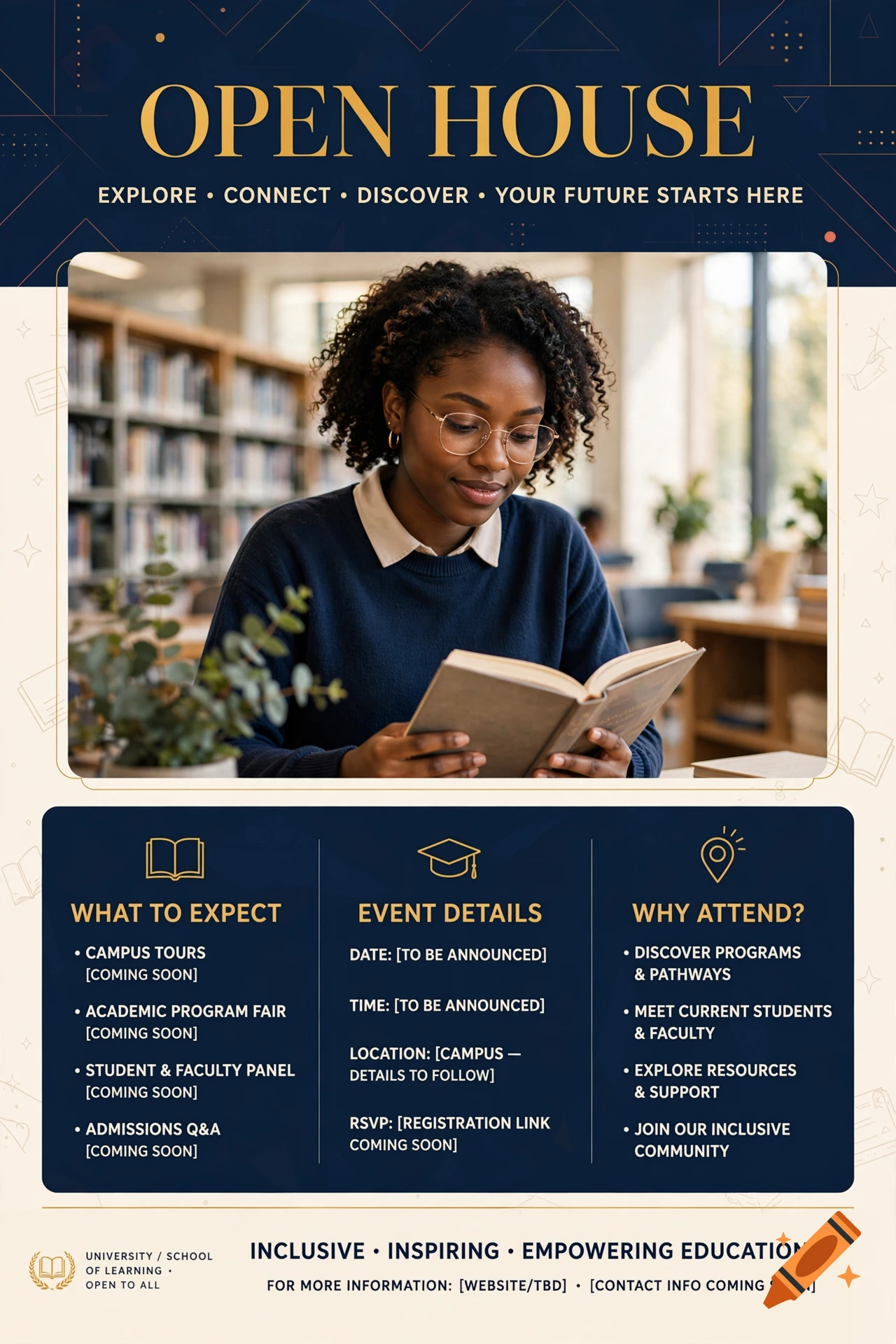 Flyer for an open house featuring a Black woman wearing glasses reading a book in a library.