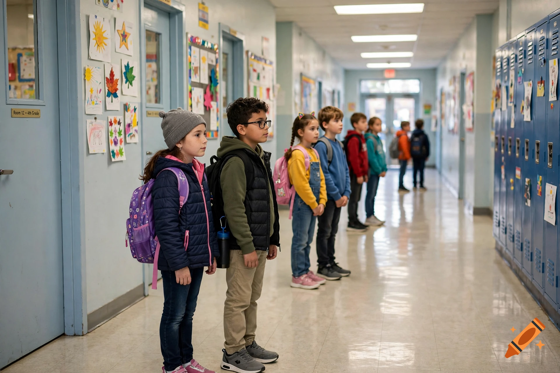 Children in school uniforms and backpacks lined up in a school hallway, photorealistic.
