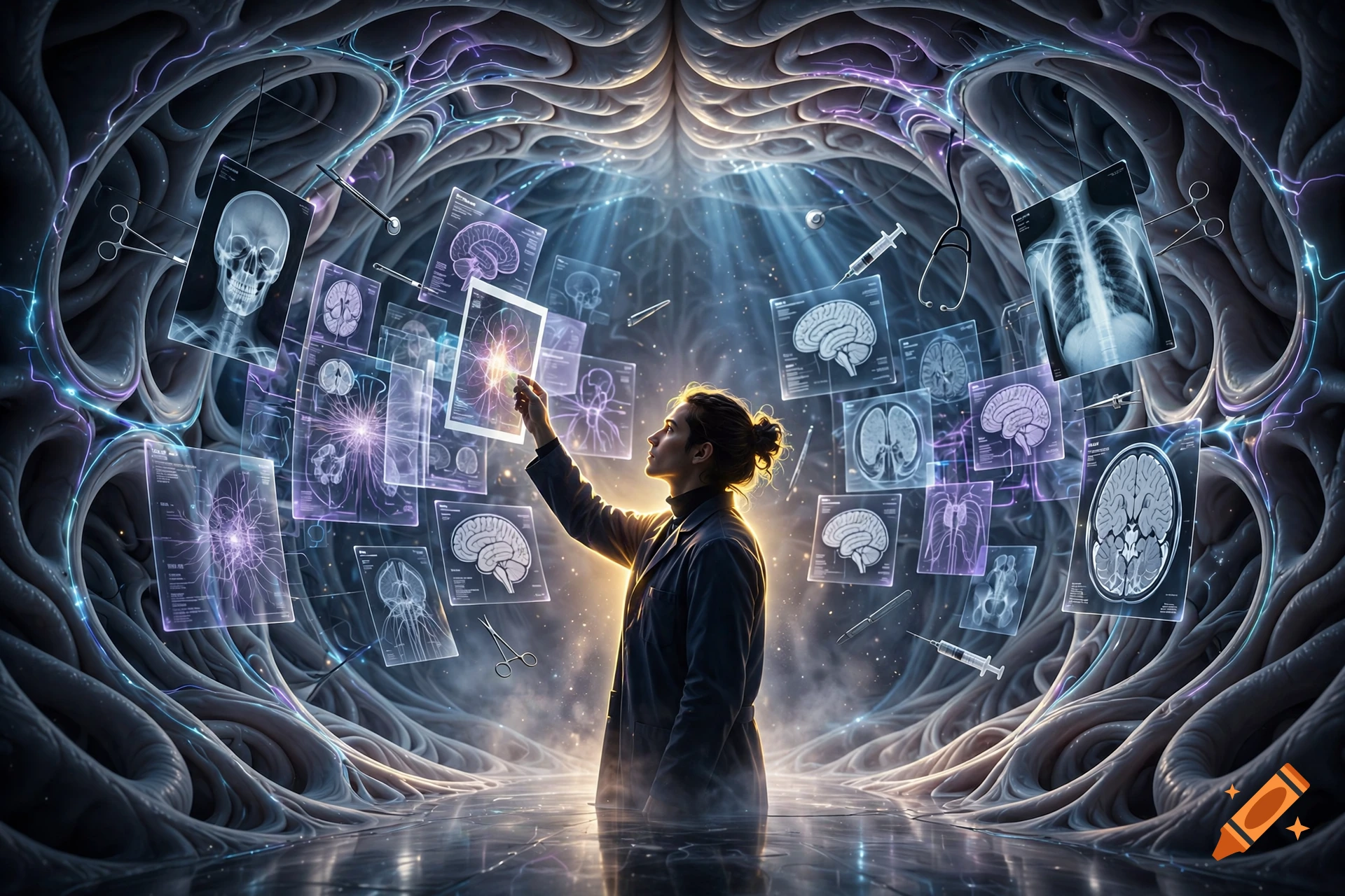 A scientist stands inside a giant, glowing futuristic brain structure, examining floating holographic medical scans.