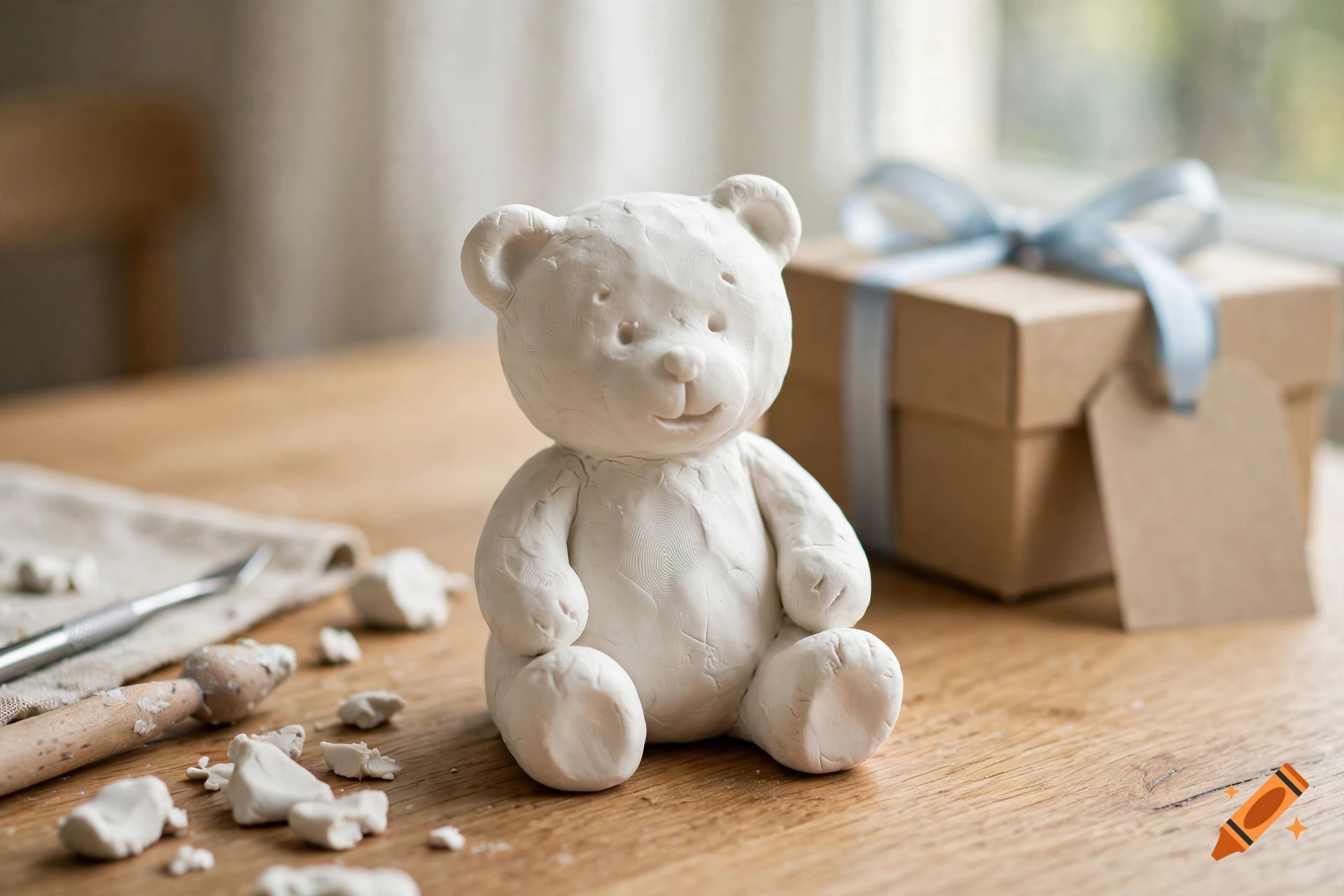 Photorealistic image of a handmade white clay teddy bear sitting on a wooden table with sculpting tools and a gift box in the background.