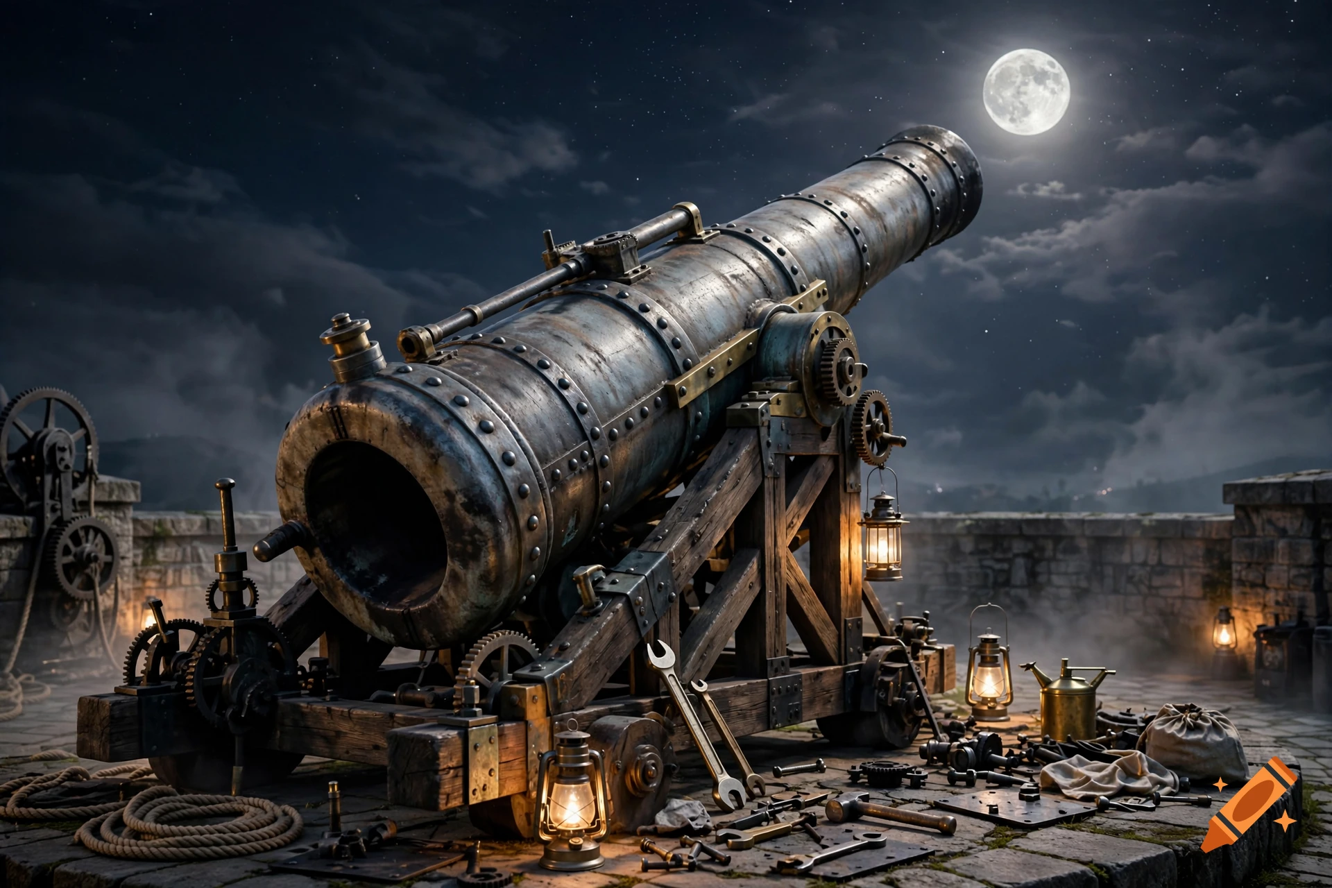 A large, weathered metal cannon on a wooden carriage on a moonlit stone terrace with lanterns, tools, and a full moon.