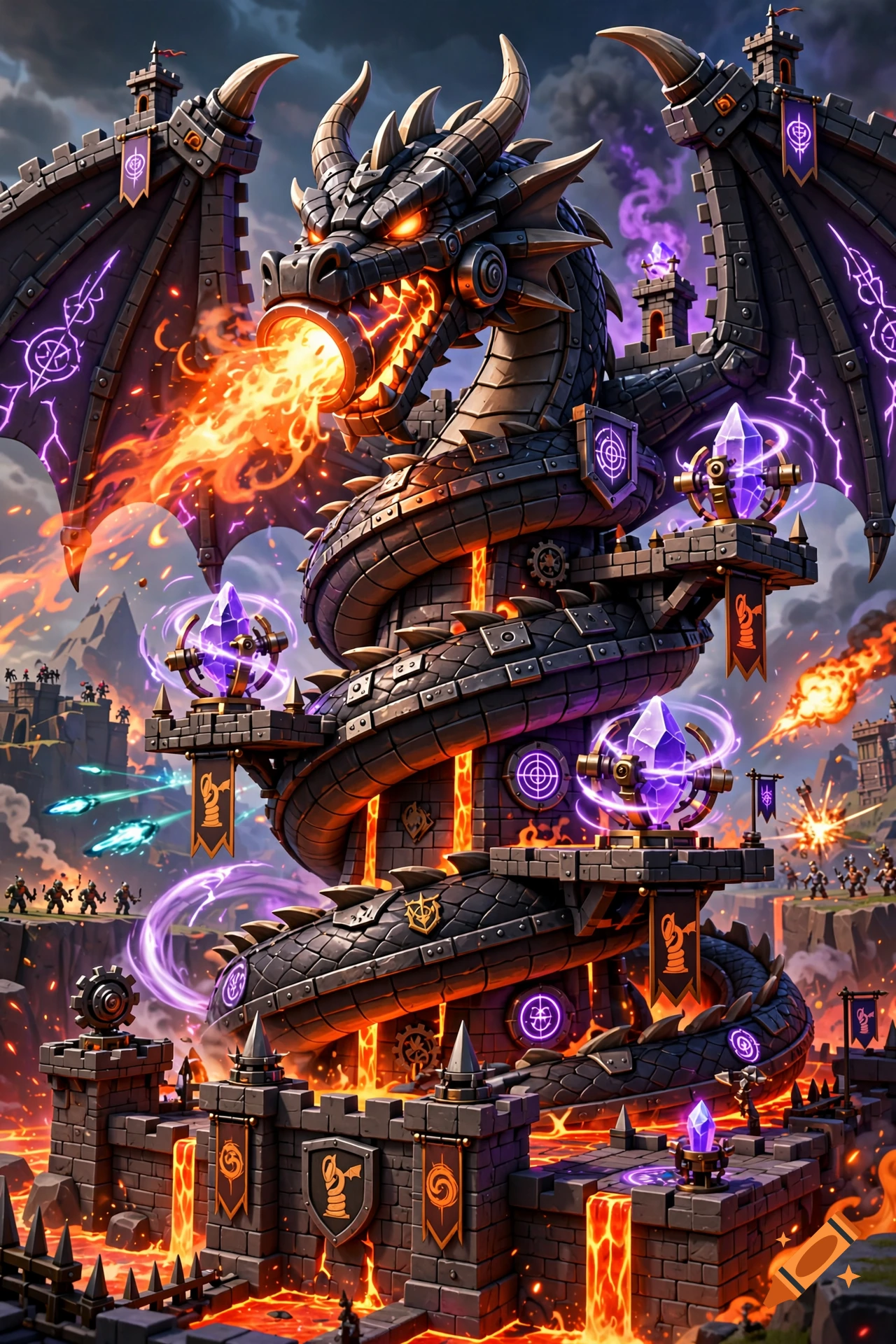 Digital illustration of a large stone dragon tower with a winding staircase, fire breathing, and glowing purple crystals.