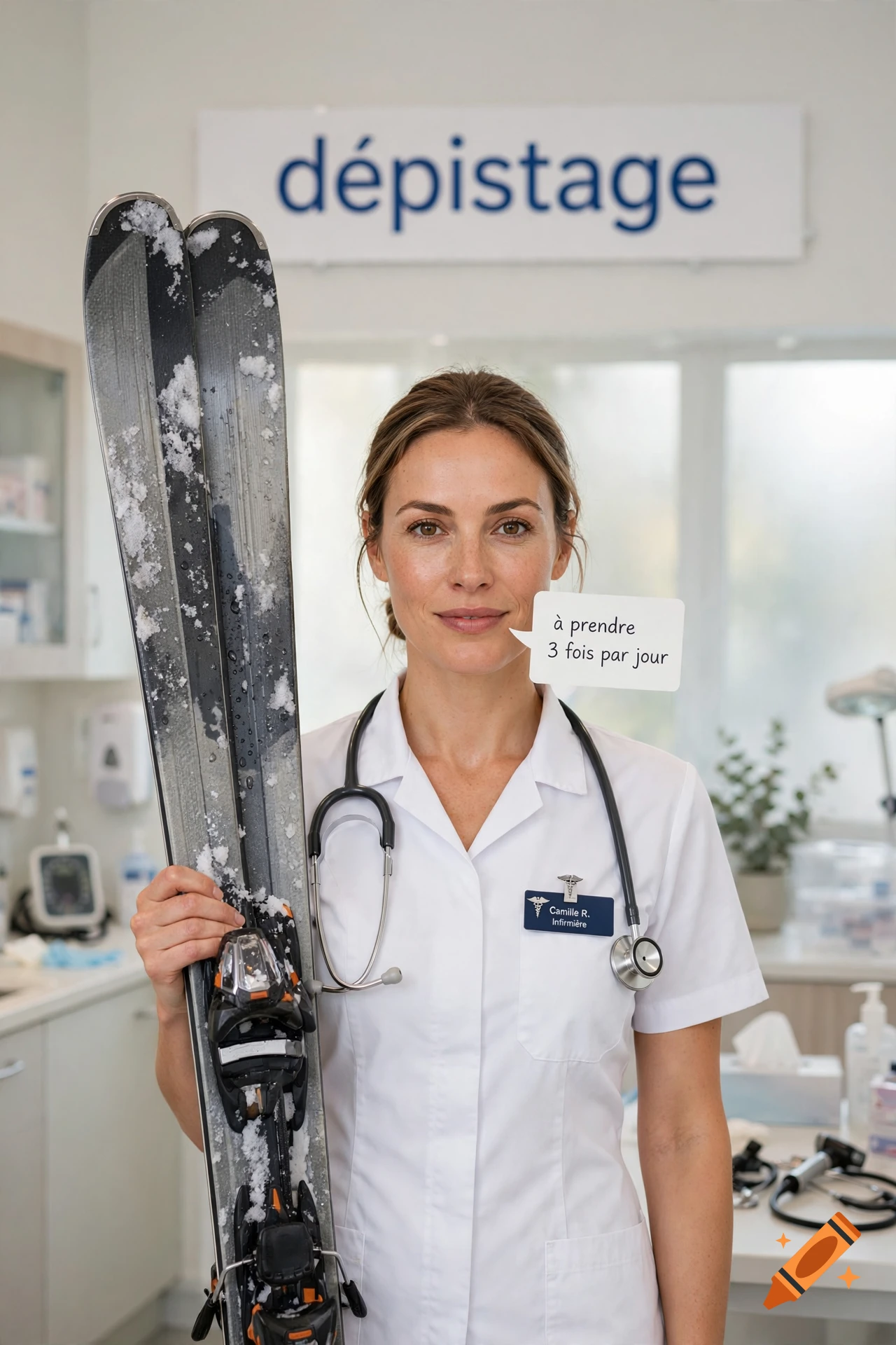 Photorealistic portrait of a female nurse holding a pair of ski poles in a clinic, with a speech bubble showing text.