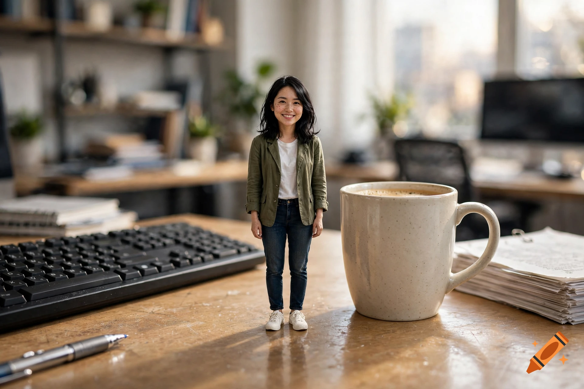 Photorealistic image of a tiny smiling woman standing on a wooden desk next to a large coffee mug.