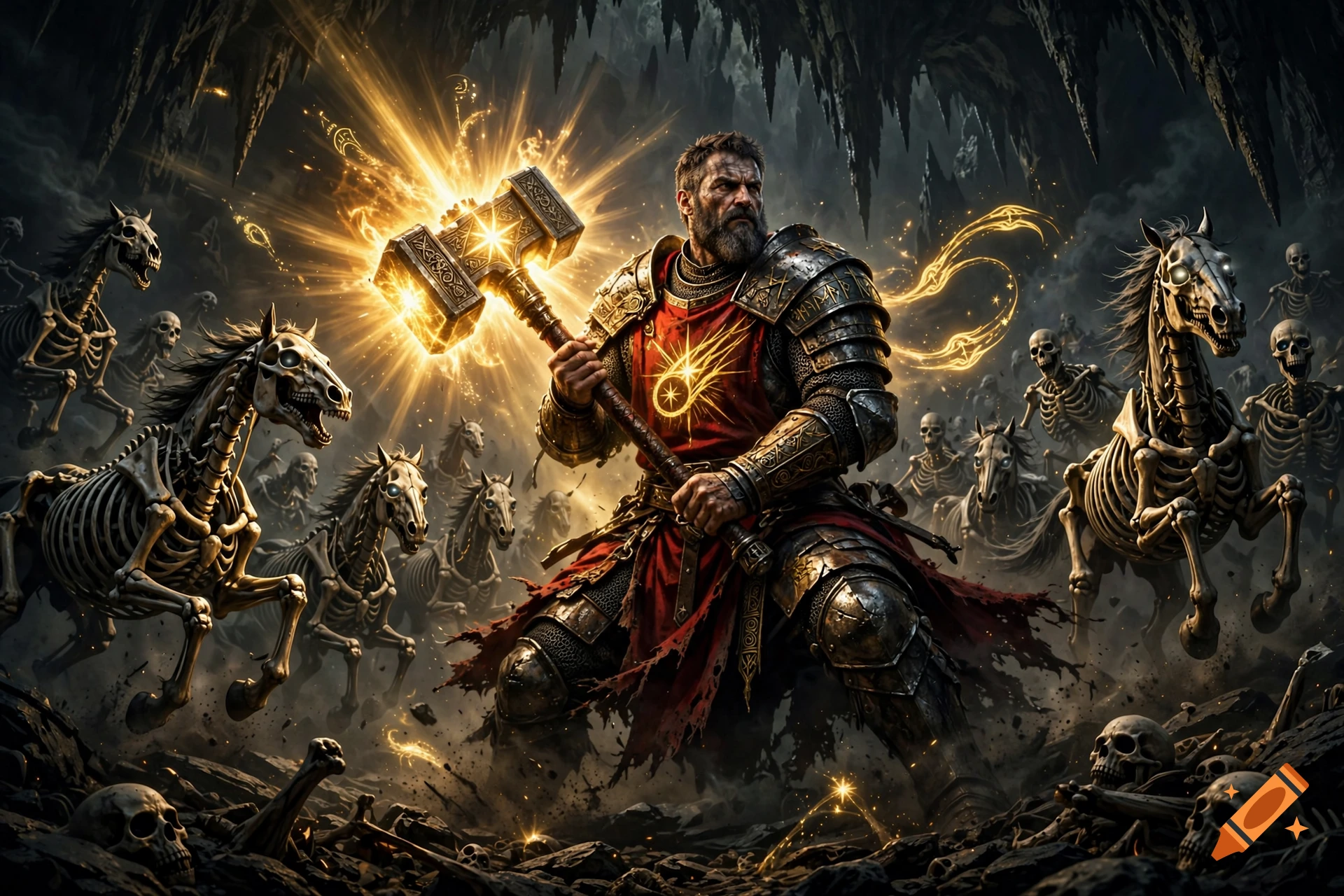 Dark fantasy art of a warrior priest with a glowing hammer fighting skeleton horses in a cavern.