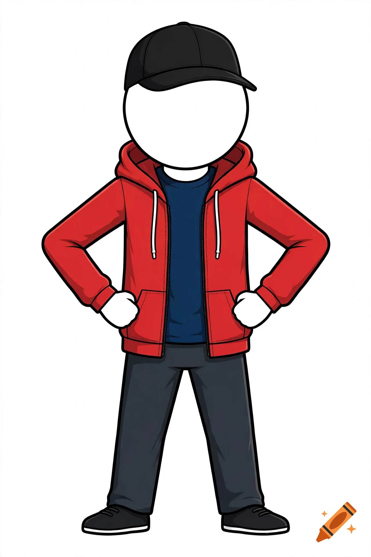 A cartoon illustration of a blank-faced figure wearing a black cap, a red hooded jacket over a dark blue shirt, dark pants, and shoes, standing with hands on hips.