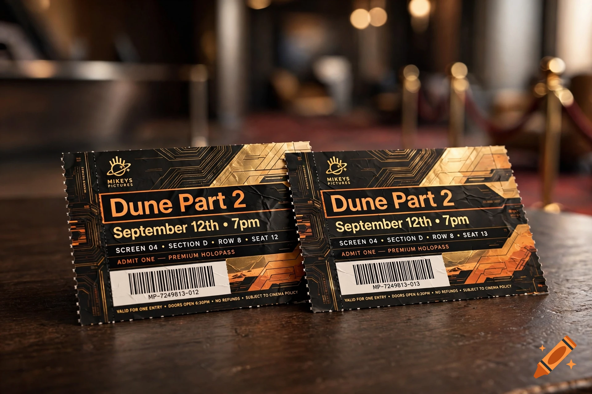 Two photorealistic cinema tickets for Dune Part 2 on a dark wooden table in a dimly lit theater lobby.